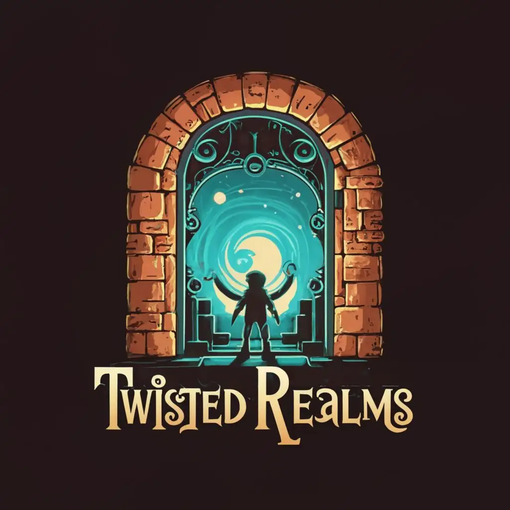 logo, portal doorway worlds wonder fantasy group-silhouette cartoon curious, with the text "Twisted Realms", typography, be used in Entertainment industry
