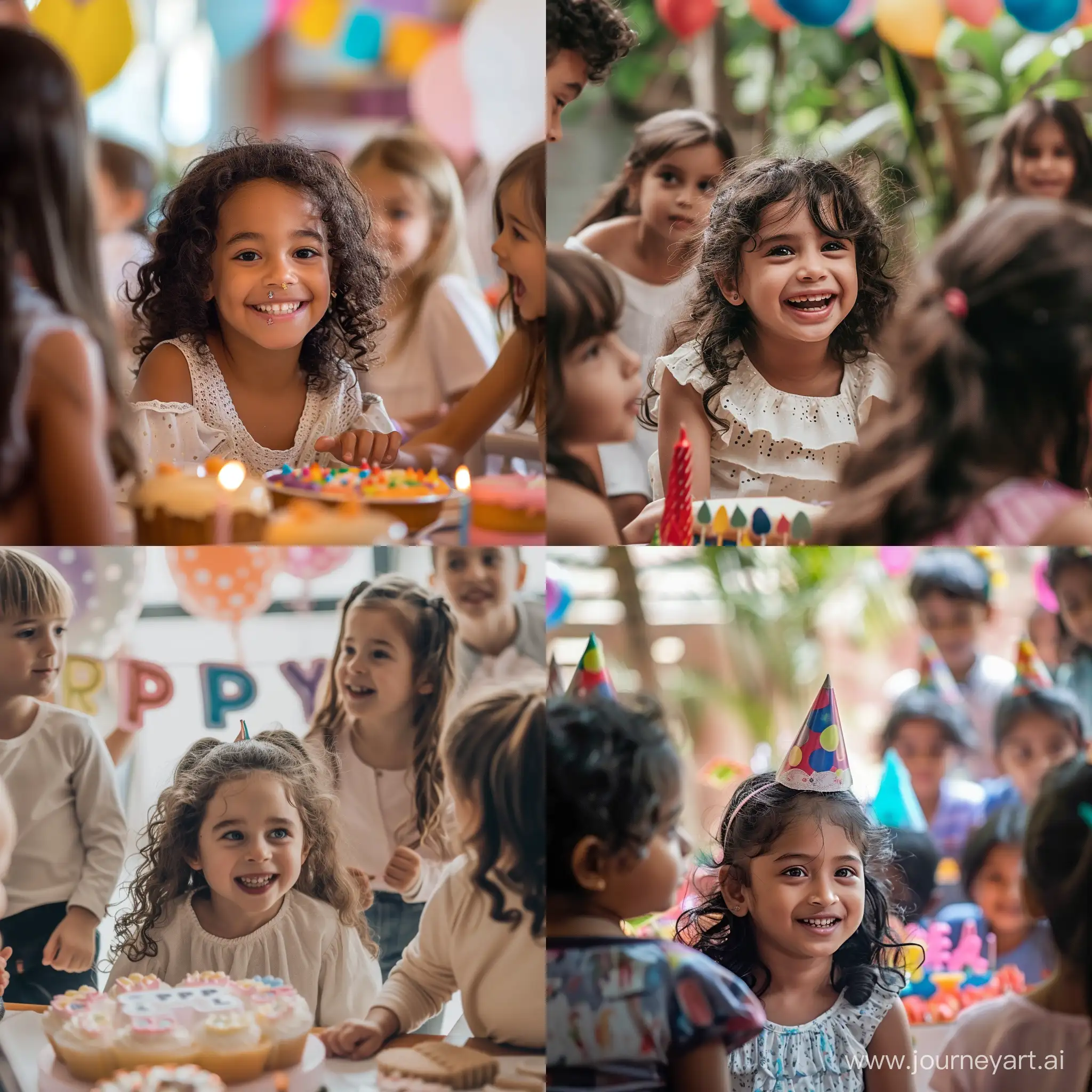 happy child surrounded by kids at her birthday party