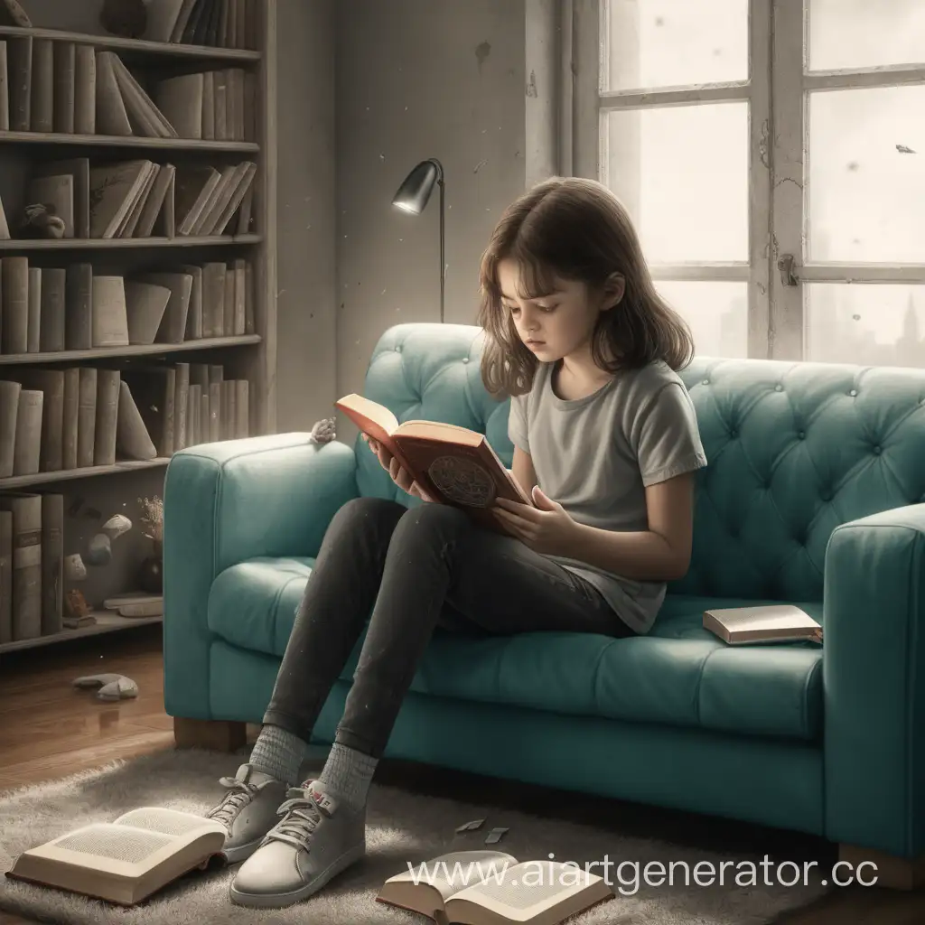 девочка сидит на грязном диване и читает книгу