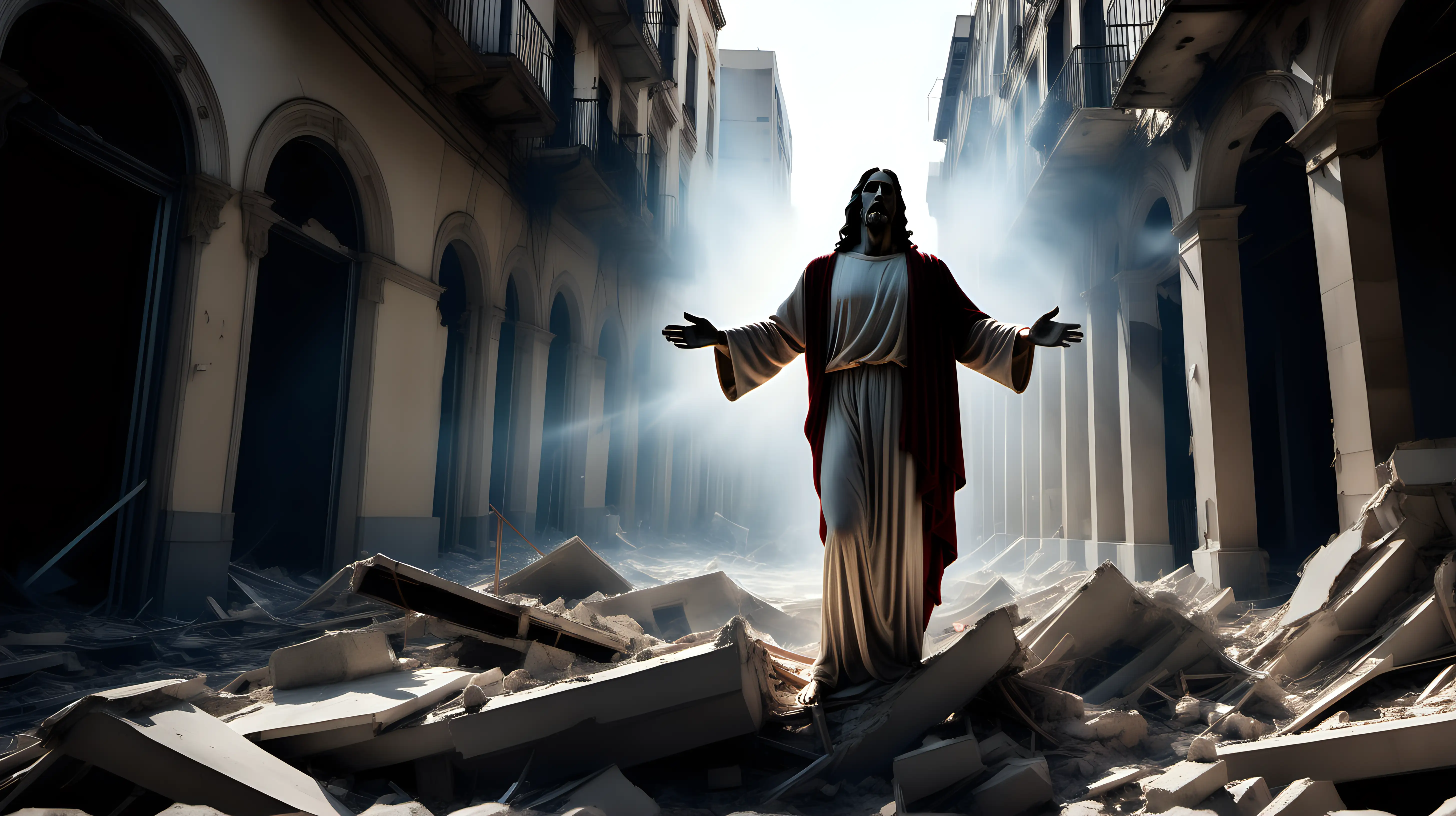 photographs of the destroyed city and the apparition of a levitating Jesus Christ, cinematic lighting,  low angle