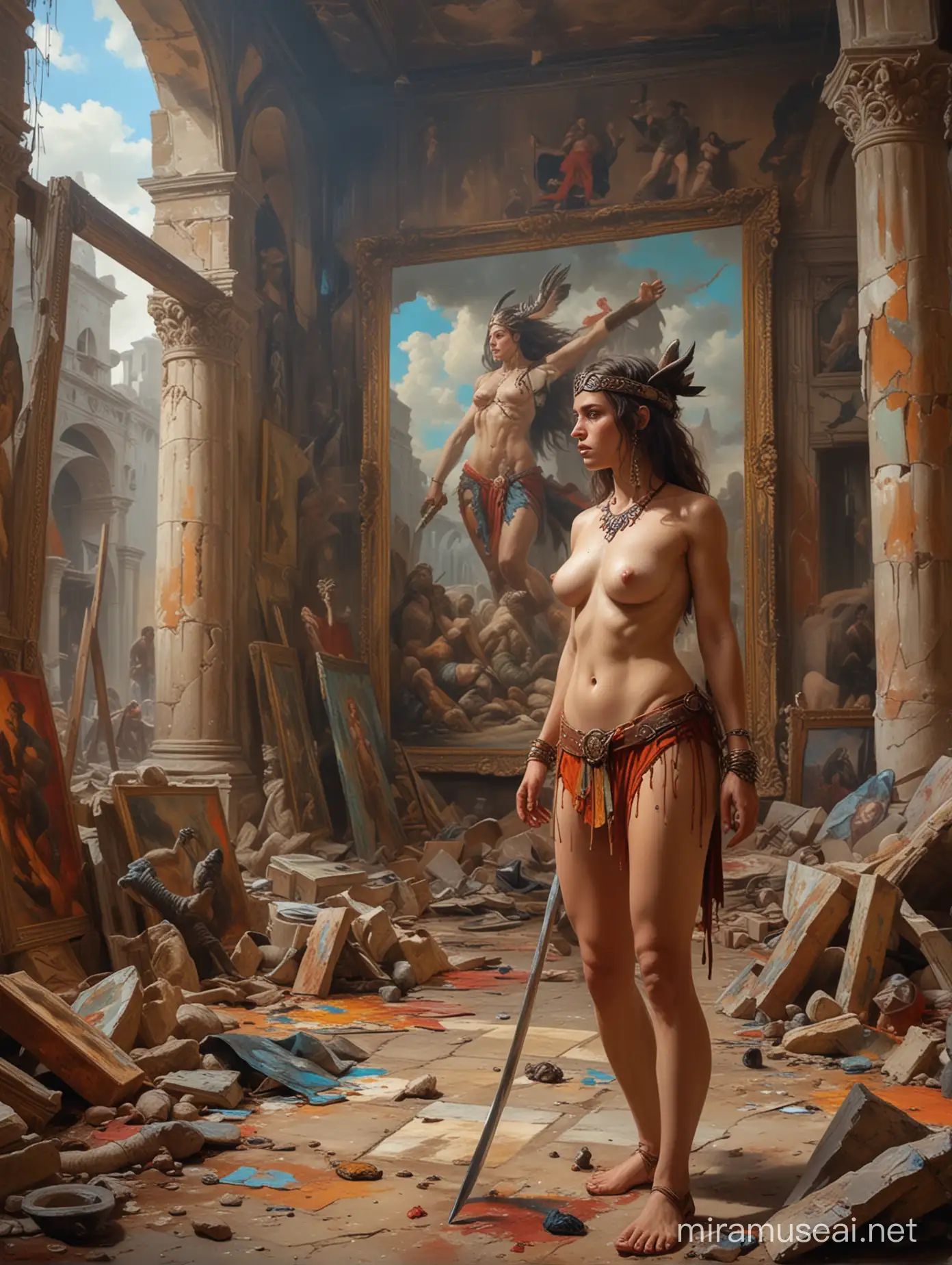 A Barbarian woman vs hall of paintings in the art exhibition Gallery. surreal,  Attractive strong colors, a Cinematic, Stunningly detailed,Oil Painting technique. with Weird Creatures Jini. in ruins. surreal