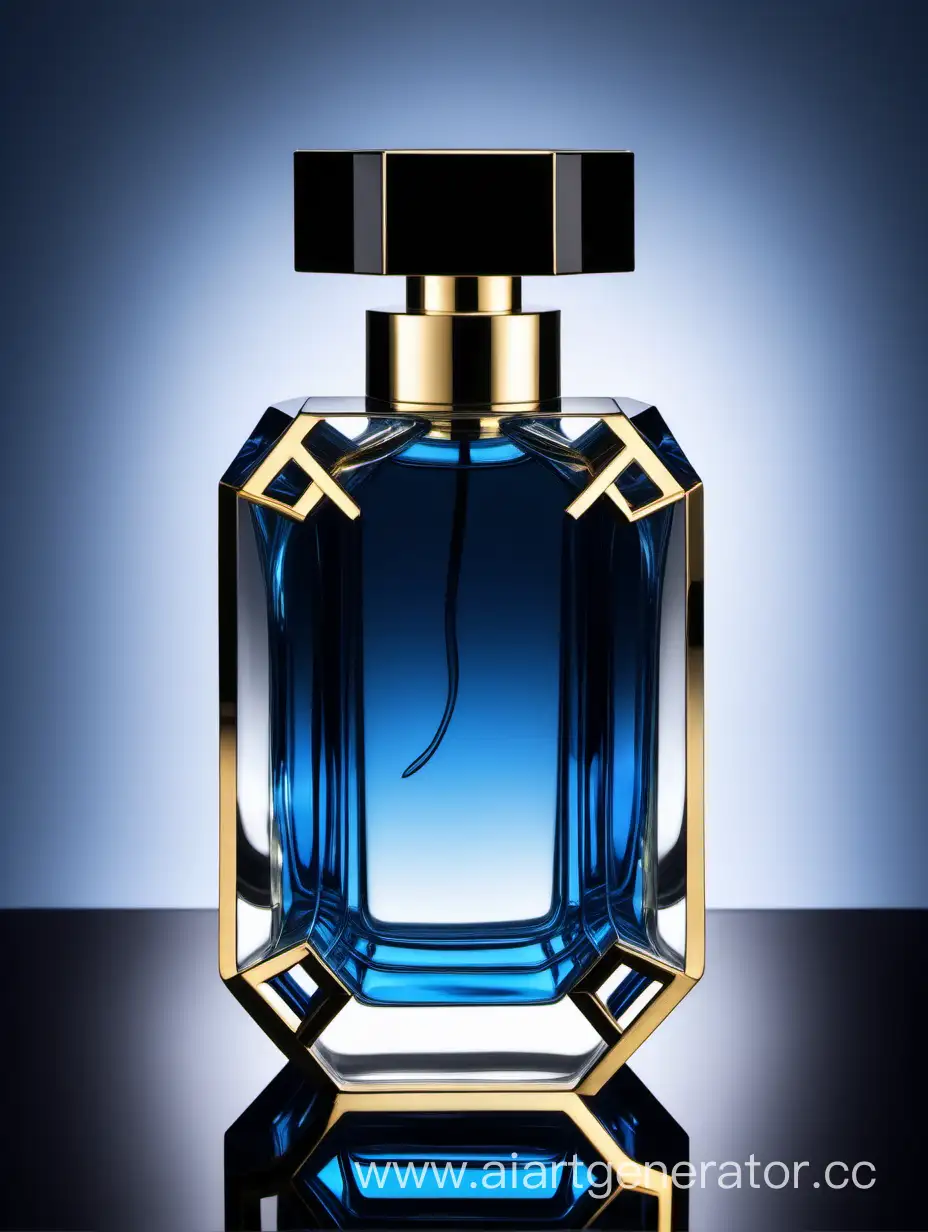 a crystal clear perfume bottle made of blue ,black and gold
transparent