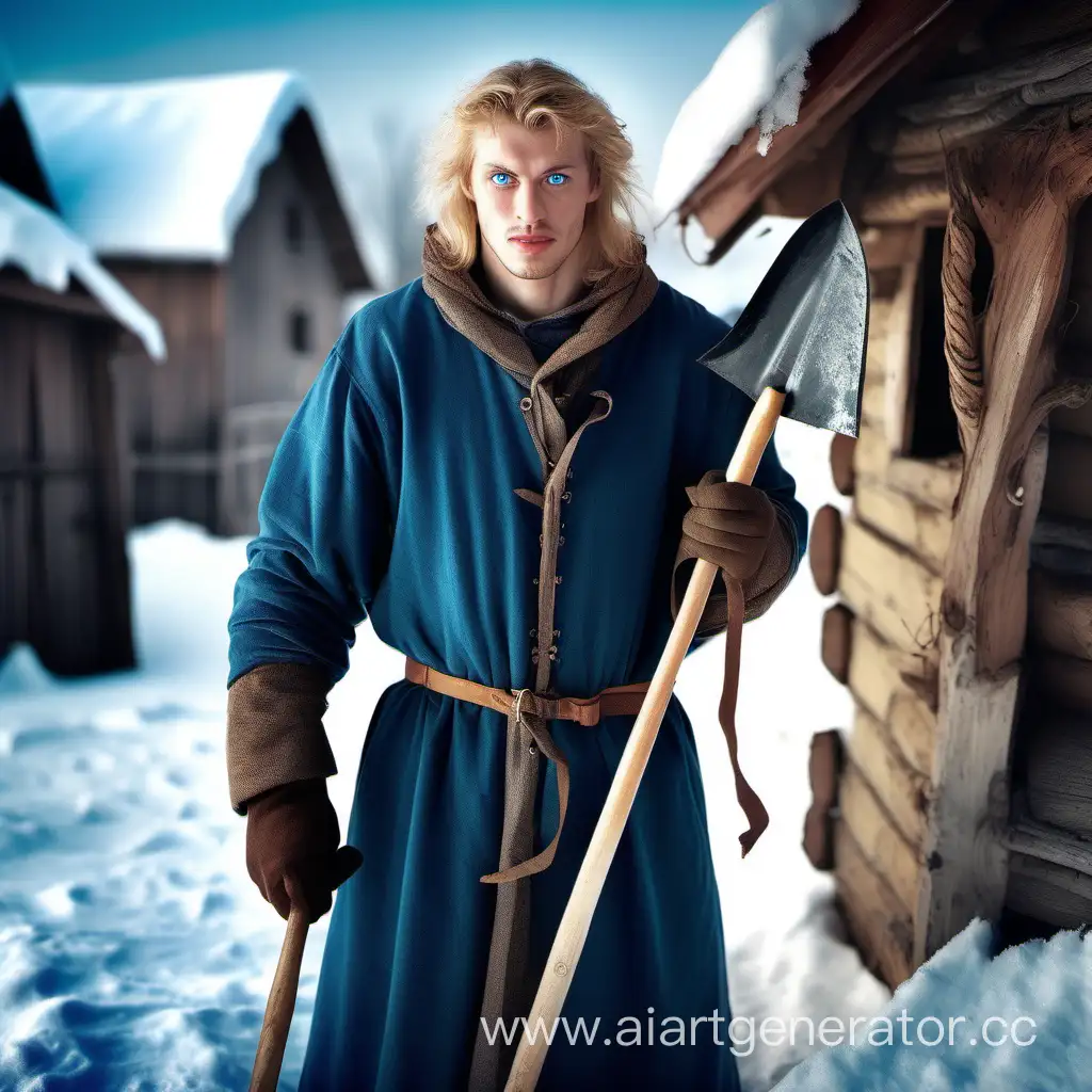 средневековый крестьянин с голубыми глазами и светлыми волосами и светлой кожей стоит с лопатой в зимней деревне и смотрит в камеру