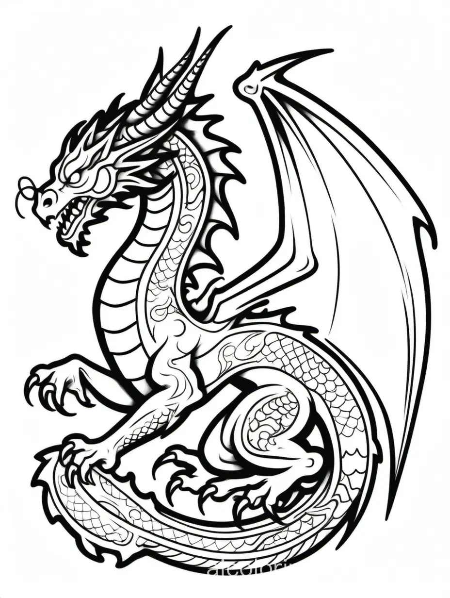 Tattoo of a dragon, Coloring Page, black and white, line art, white background, Simplicity, Ample White Space. The background of the coloring page is plain white to make it easy for young children to color within the lines. The outlines of all the subjects are easy to distinguish, making it simple for kids to color without too much difficulty