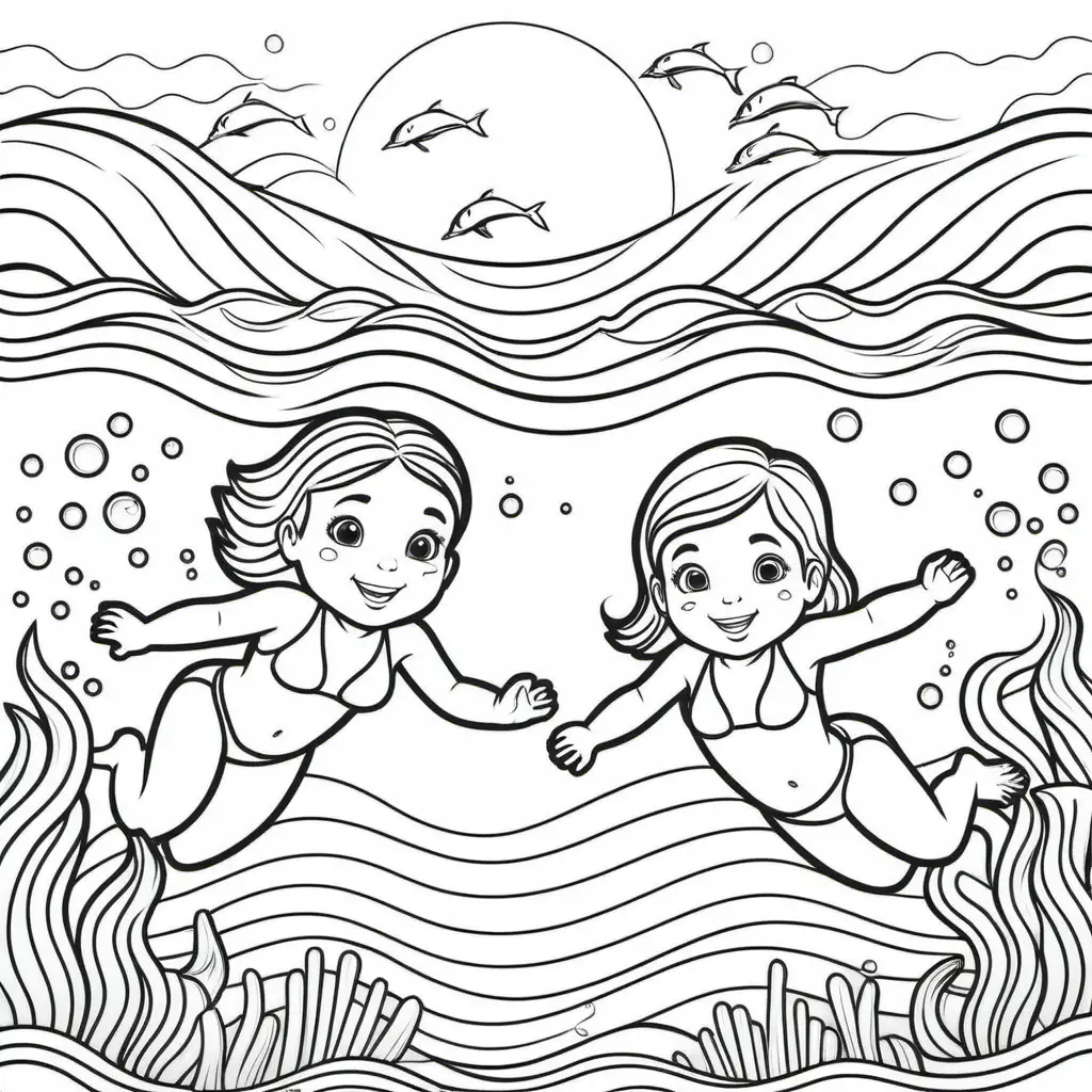 coloring book for kids, simple, outline no color, two girls swimming in the ocean, fill frame, edge to edge, clipart white background --ar 3:2 --style raw