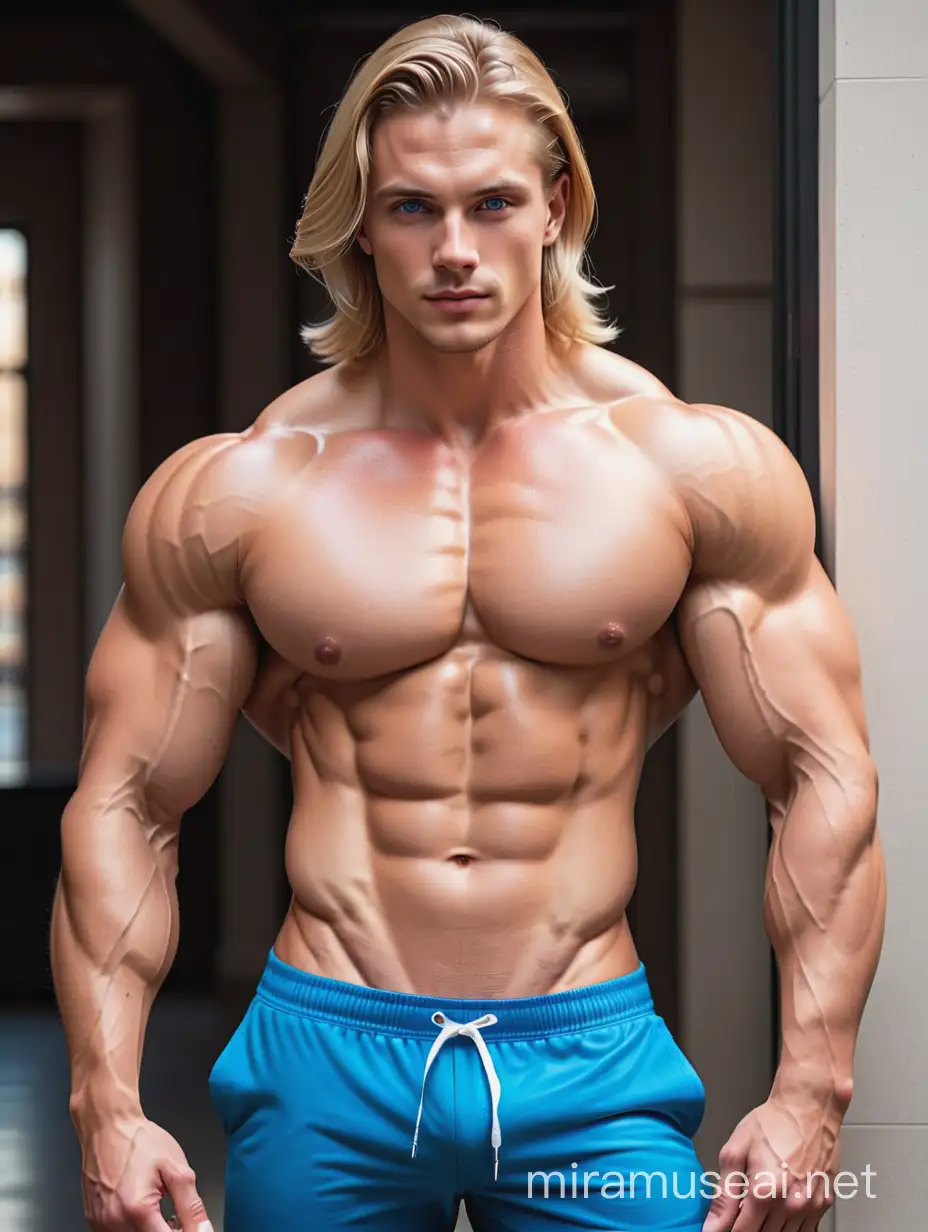 Full length portrait Handsome, attractive, muscular model. Slicked back long  blonde hair frames his handsome face frames his handsome face, deltoid muscles, muscular arms. blue eyes.
