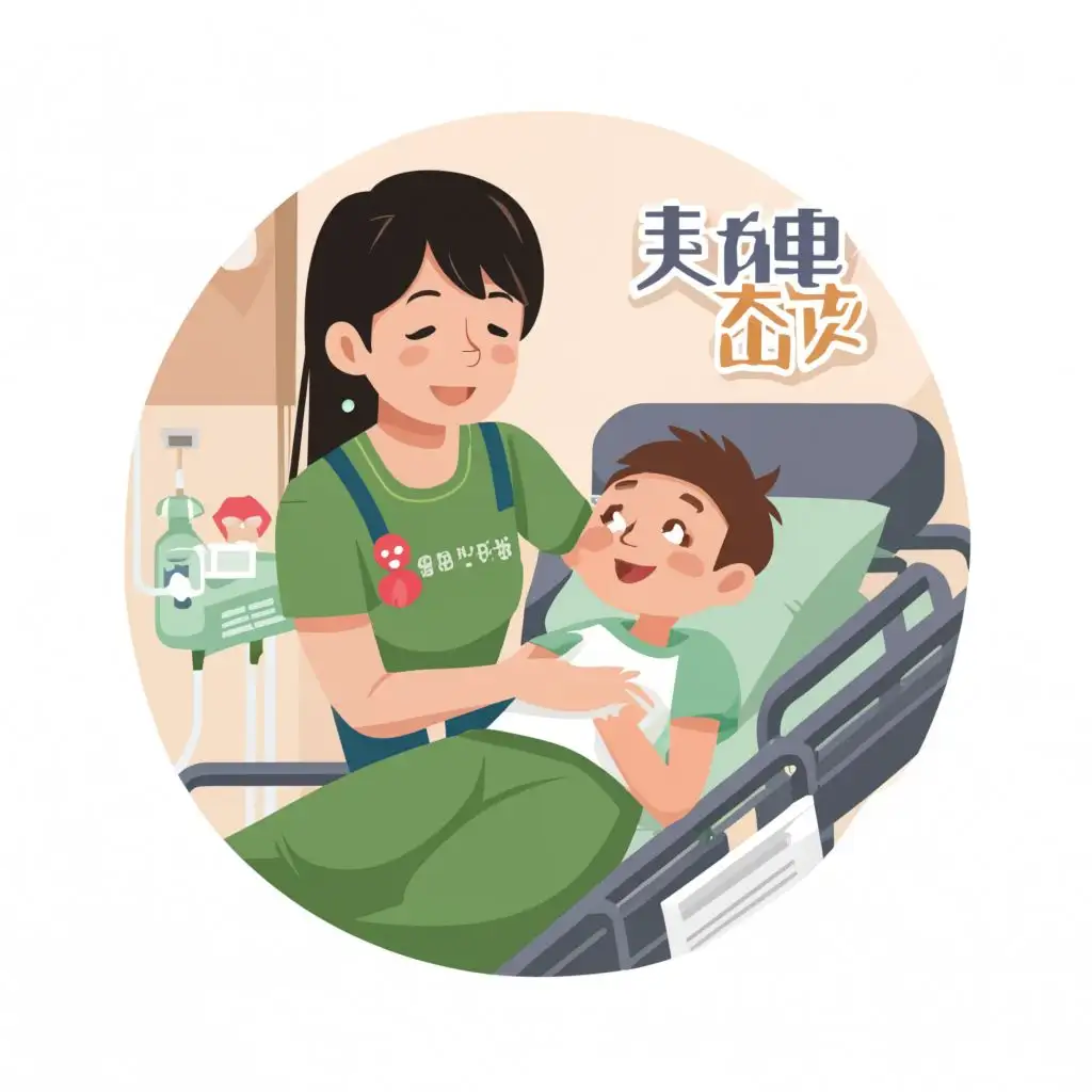 logo, a very kind volunteer who dresses a pure green shirt, takes care of a very painful child in a hospital bed, typography，doesn't have a background, use an Asian cartoon style, with the text "Orphan Education Society Guangdong", typography