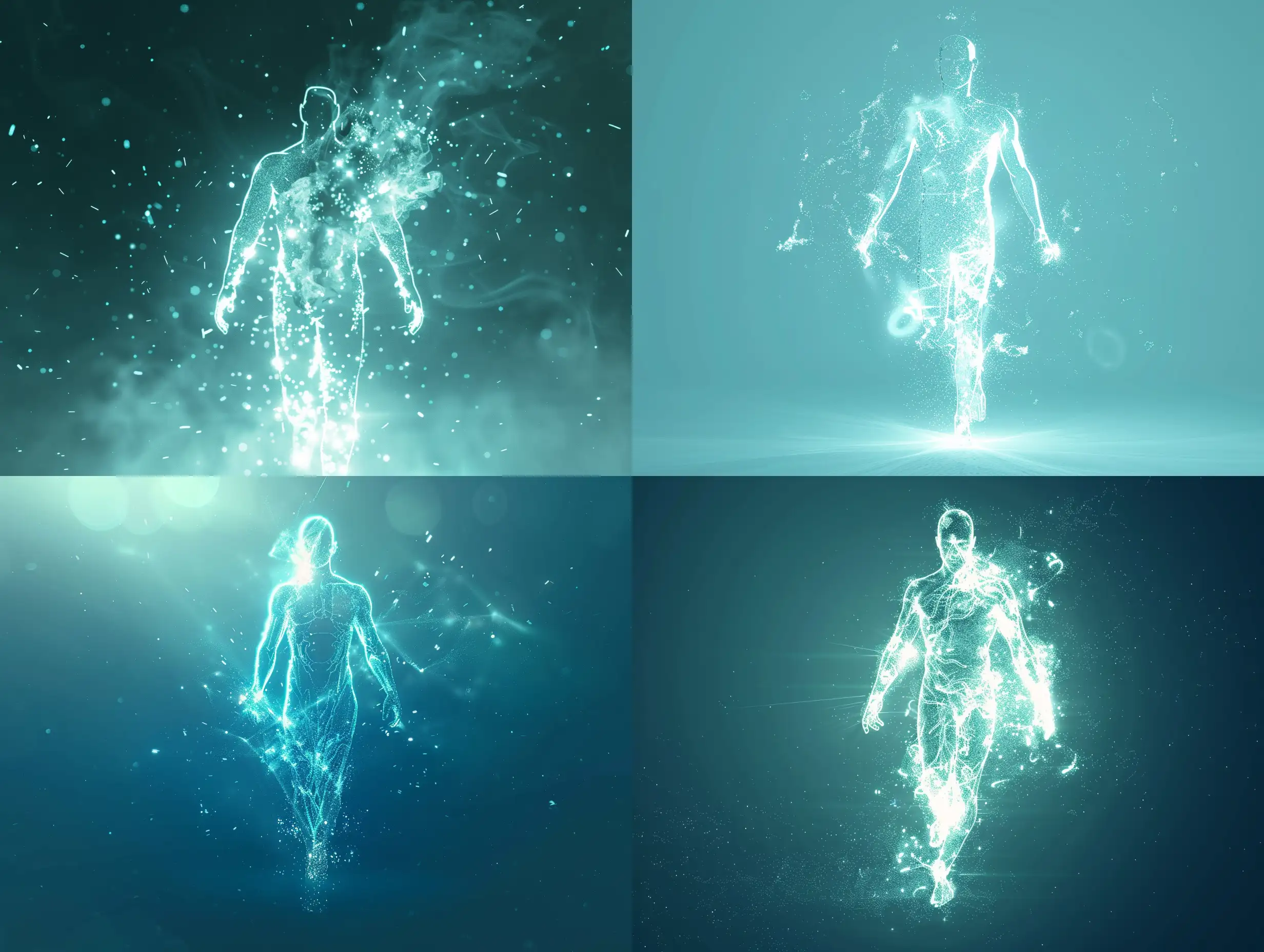 a glowing translucent fluorescent, minimal Outline of a human dissolving and disappearing into particles, cyan and sky blue, Dynamic forces, constraints, physics simulations refine positions, front view, Glow particle, Optical Flares, post effect, style of sublime light effect
