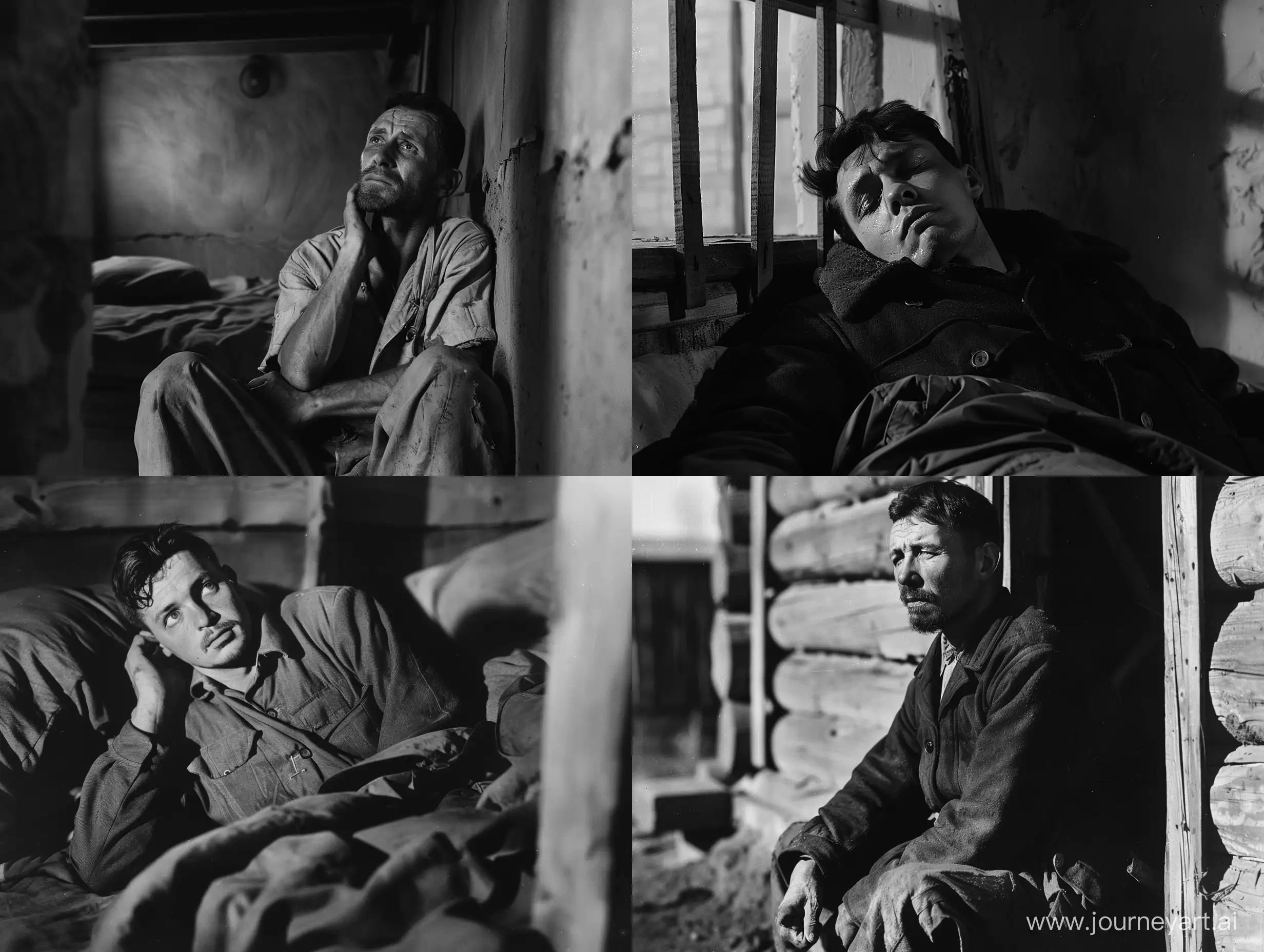 Советский заключённый ГУЛАГа не может уснуть, потому что его душу мучают настырные вопросы, действие происходит в СССР 1930-ых в лагере ГУЛАГа на севере, черно-белое фото