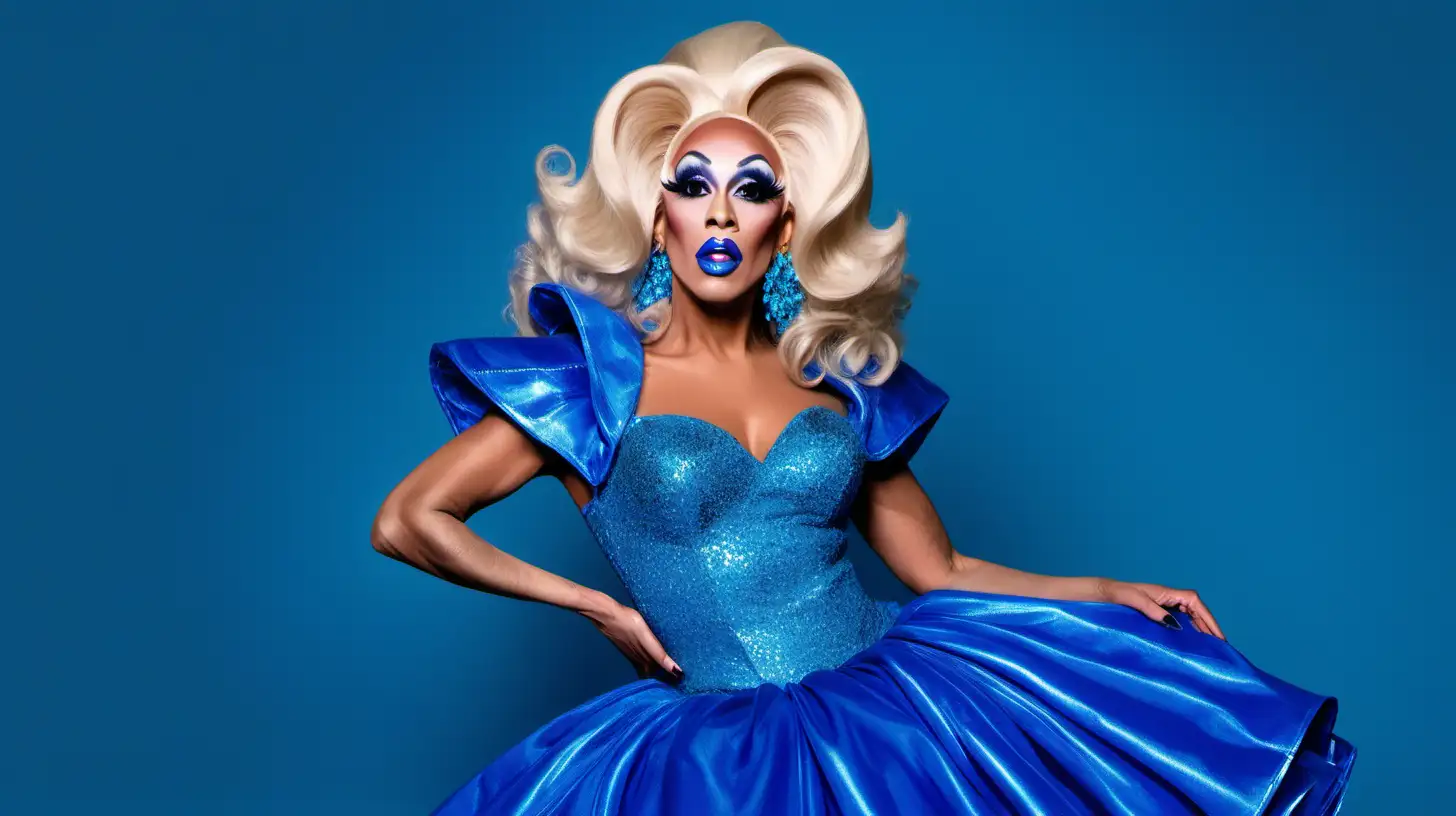a drag queen in a blue dress, blue background