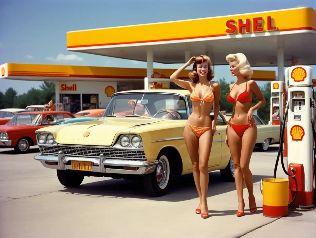Två sexiga kvinnor i bikini  är på shell bensinmack och tankar sin bil, året är 1960 talet.

