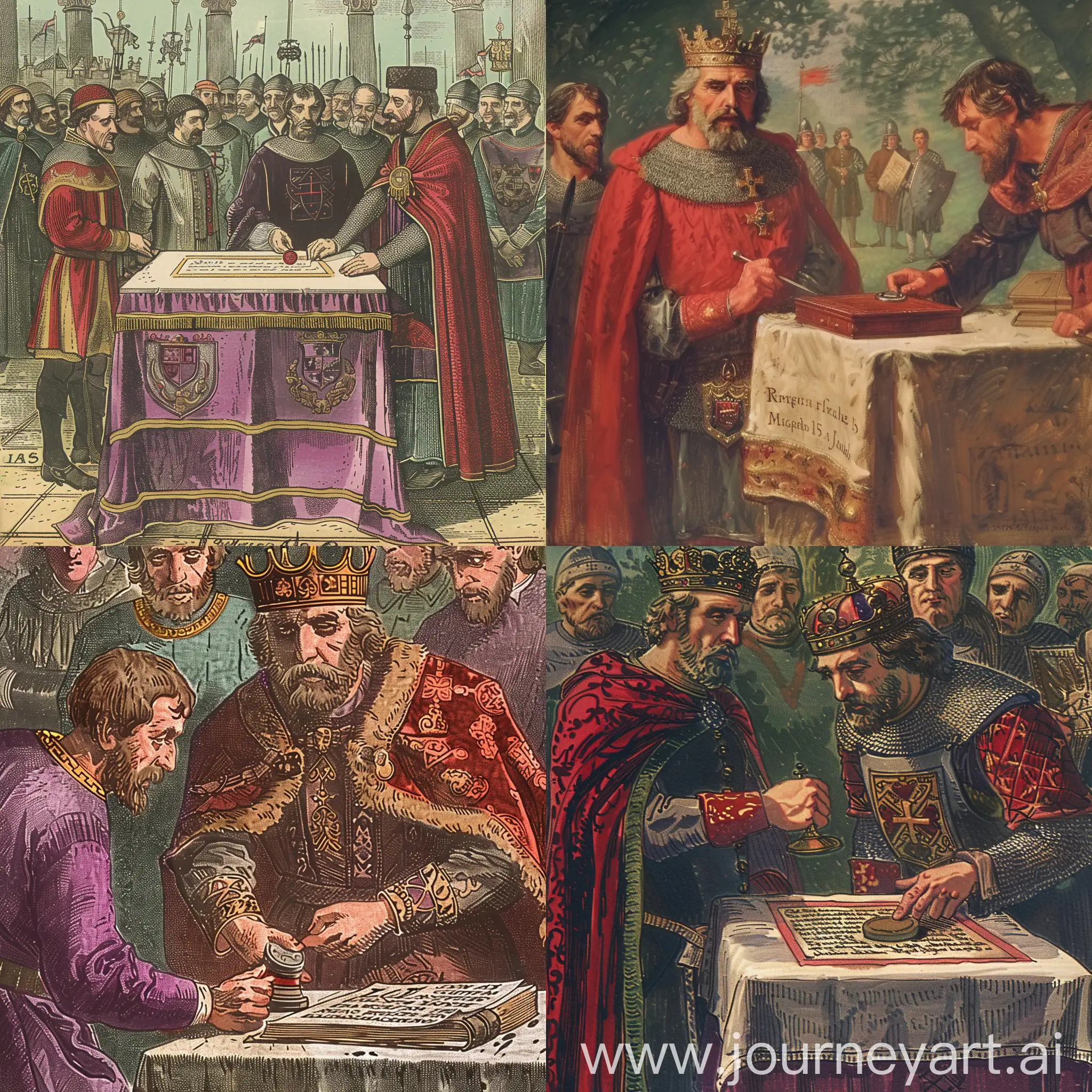 an image depicting King John of England reluctantly affixing his seal to the Magna Carta on June 15, 1215, at Runnymede