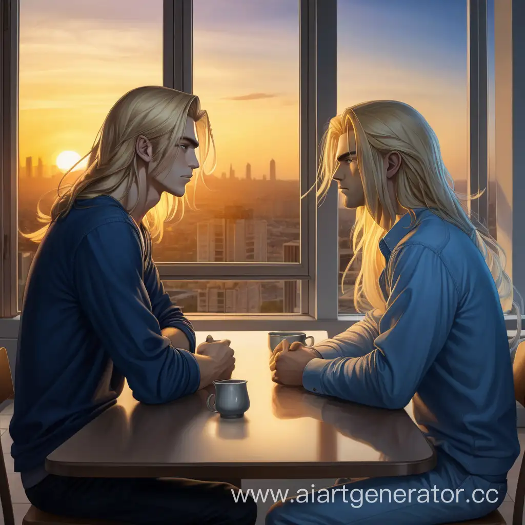 The young man with blond and very long hair, with golden eyes and youg man with short Navy blue hair and blue eyes are sitting in the kitchen at the table in profile against the background of the window in home clothes there is a sunset behind the high-rise buildings