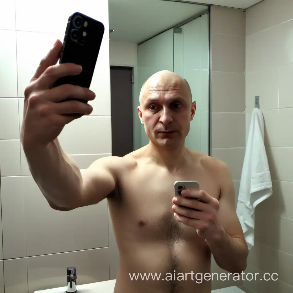 A bald Russian man holds an iPhone 13 in his hand and takes a selfie in the bathroom