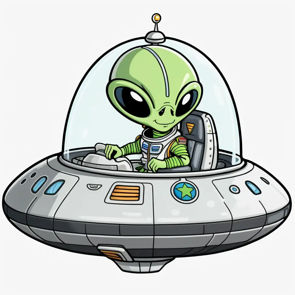 cartoon alien pilot in saucer shaped
space craft side view
