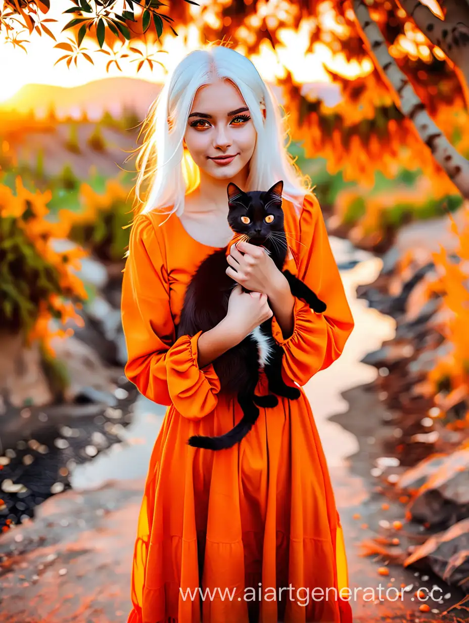 Девушка с белыми волосами, карие глаза, оранжевое, скромное платье, в руках кошка черного цвета, на заднем фоне природа, закат в ярких цветах