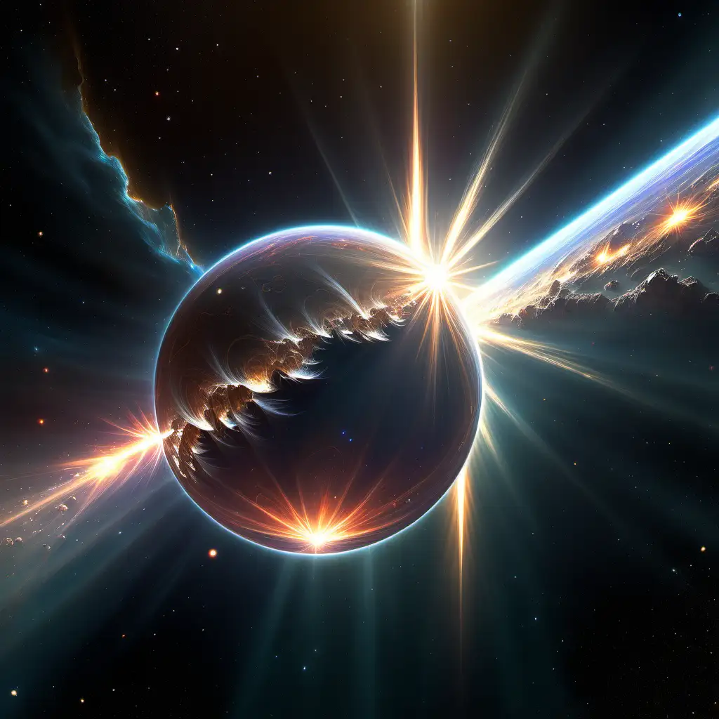 Transparent Crystalline Planet with Radiating Sunlight Beams in Space