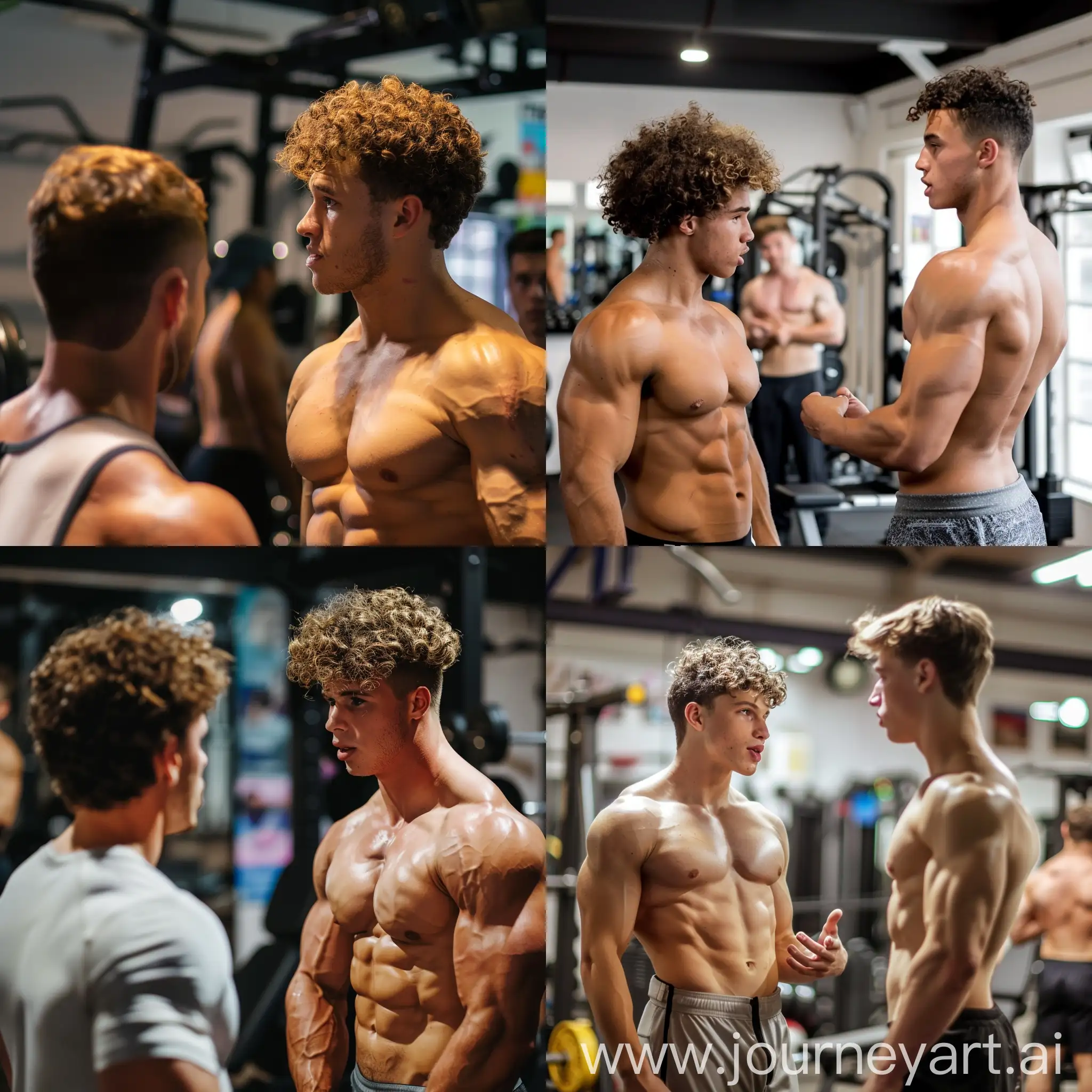 Curly-Haired-Muscular-Boy-Discussing-Workout-Techniques-with-Shirtless-Men-in-Gym