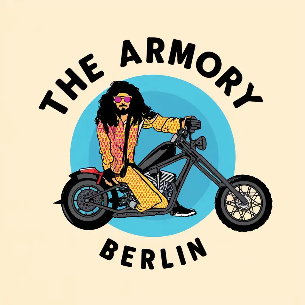logo, Long haired Hippie on a chopper with sunglasses in a 1960s colourful pop art style, with the text "The Armory Berlin", typography, be used in Retail industry