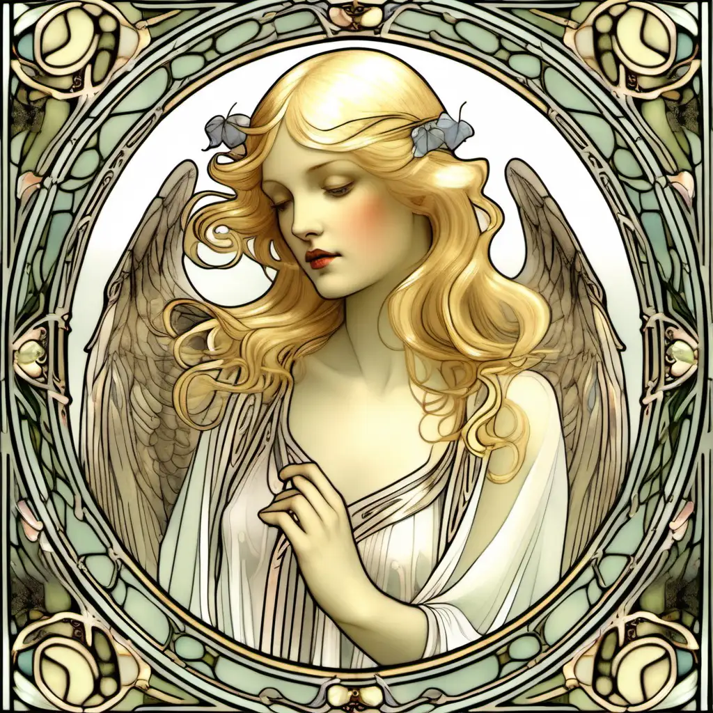 weiblicher Engel, blonde Haare mit durchsichtigem Gewand, im Jugendstil
