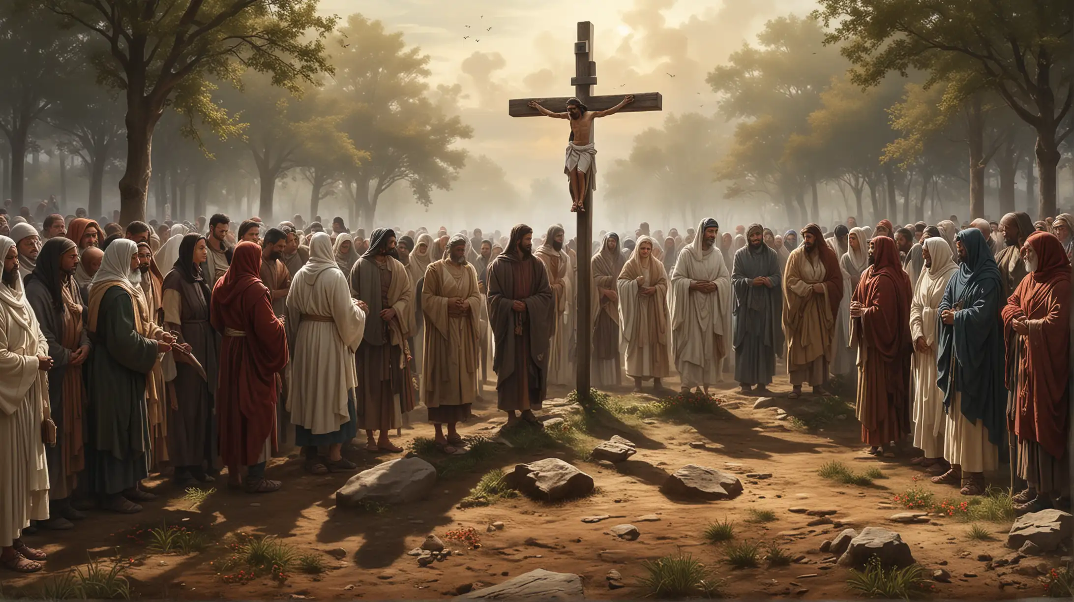 An evocative digital artwork depicting individuals from diverse backgrounds and walks of life gathering at the foot of the cross, symbolizing the universality of Christ's love and the leveling of societal distinctions in the presence of his sacrifice, inspired by the saying "The ground is level at the foot of the cross."