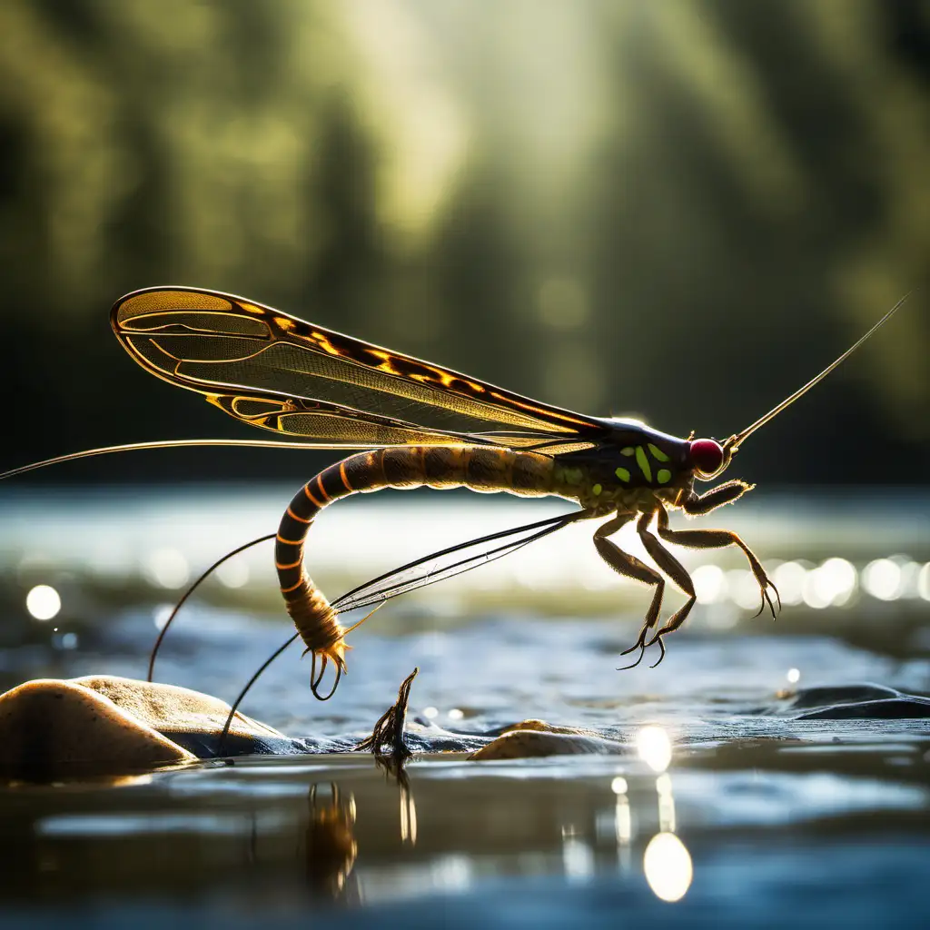 Capture a moment of exquisite tension and natural beauty as a salmonfly (Pteronarcys Californica) dances on the surface of a tranquil river. The sunlight glistens off the water, casting a mesmerizing glow as the insect performs its intricate ballet.

Below the surface, a large brown trout lurks, its keen eyes fixated on the tantalizing prey above. The viewer can almost feel the anticipation building as the predator prepares to strike, its sleek form blending seamlessly into the riverbed.

Create a scene that immerses the viewer in the delicate balance of life and survival in the river ecosystem. Whether it's the ripples of water around the dancing salmonfly, the subtle movements of the lurking trout, or the surrounding wilderness echoing with the sounds of nature, let every detail come together to evoke a sense of wonder and reverence for the beauty of the natural world.