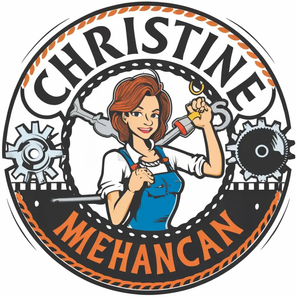 logo, Christine    the mechanican with a tool in her hands, with the text "Christine", typography