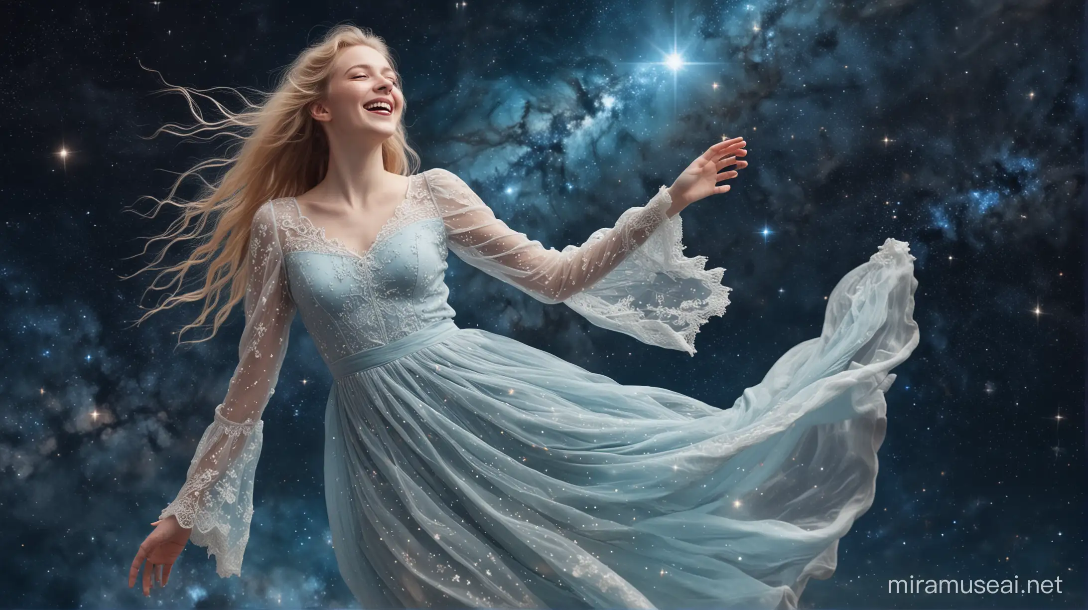 Young Woman in Romantic Dress Floating in Space with White Shining Cross