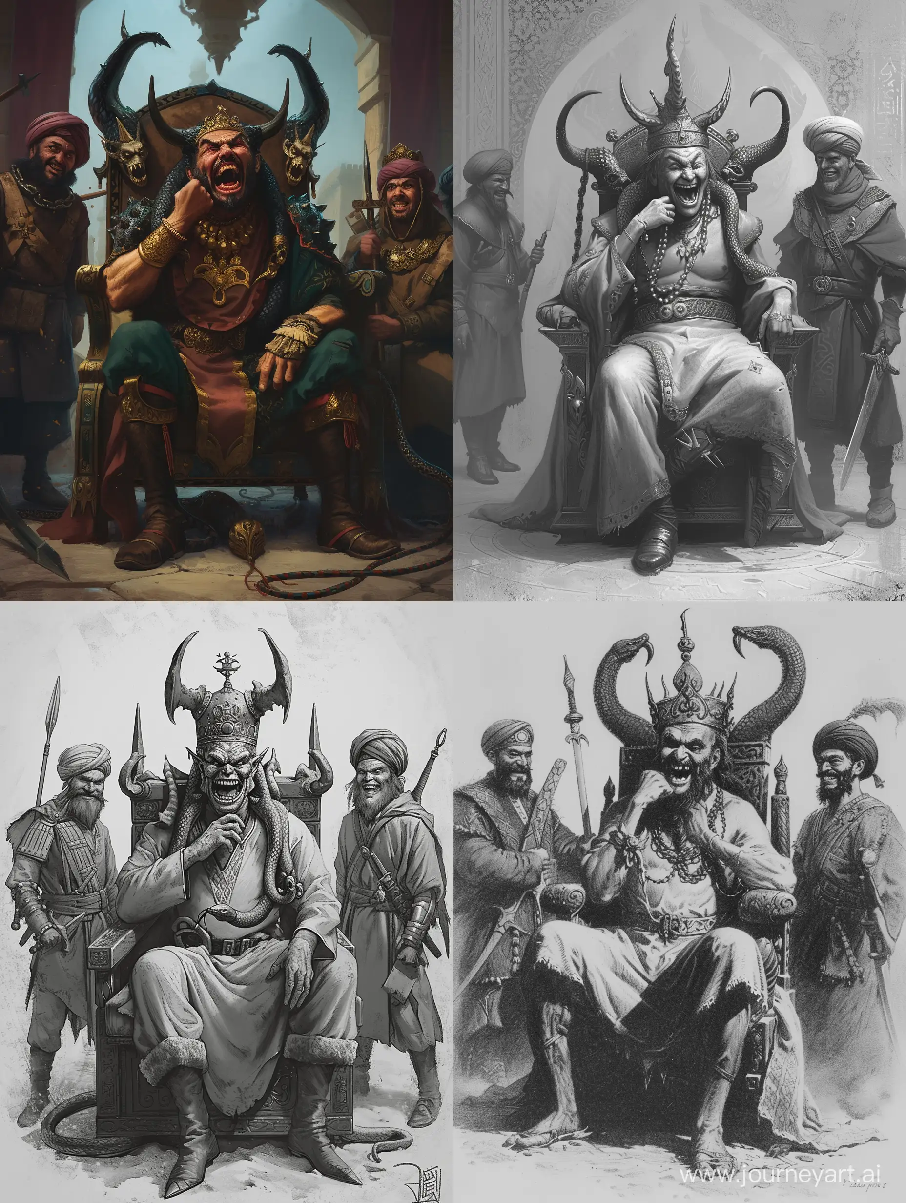 An ancient evil king with a serpent's head protruding from each shoulder sits on a royal chair with a two-horned crown, with his hand under his chin and laughs menacingly, and on the right side of the chair stands a fearsome Arab soldier and  To the left of the chair stands a fearsome Mongol soldier with a sword in his hand