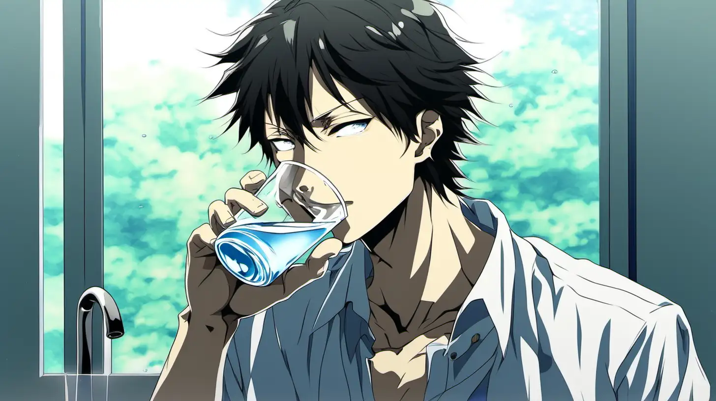 A man drinking water, anime style