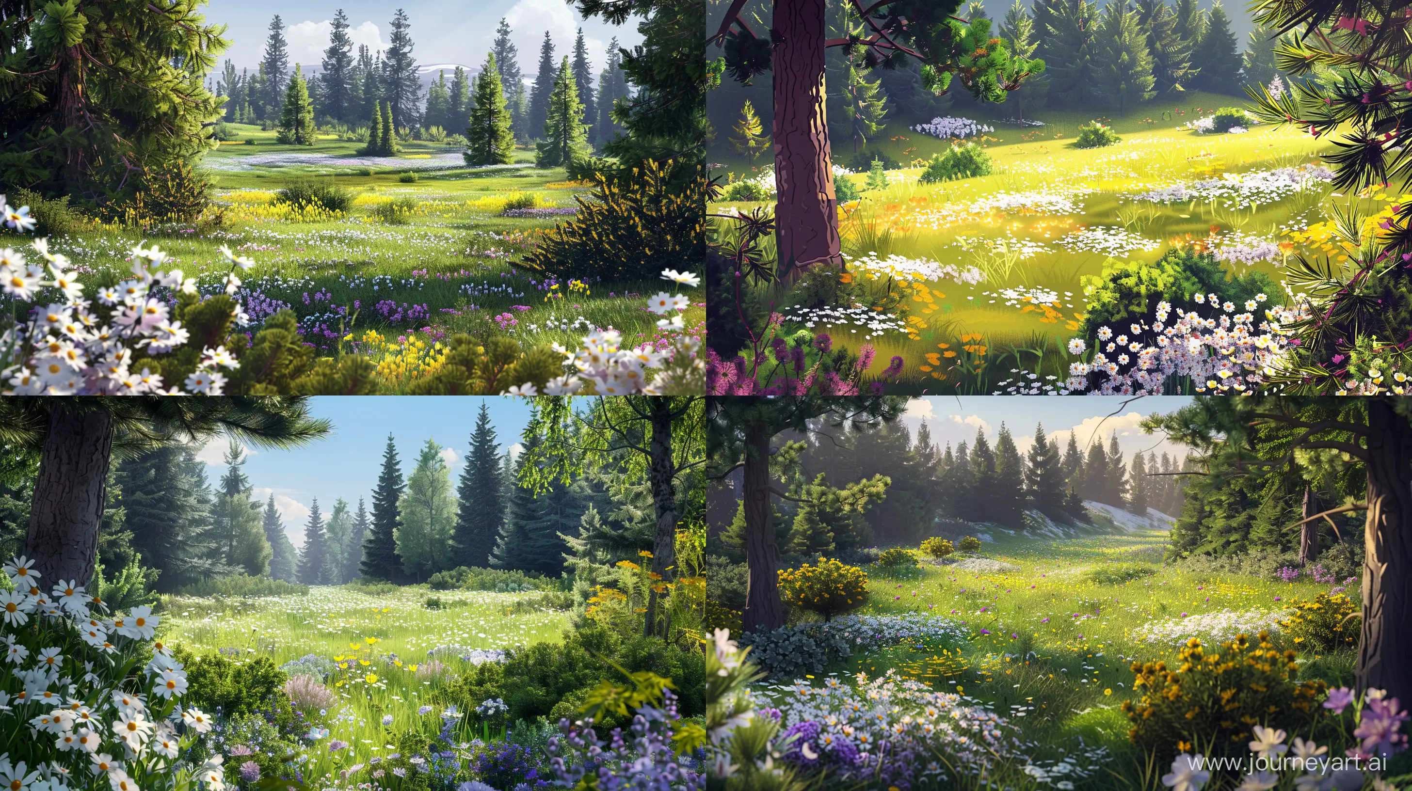 2D illustration depicting a beautiful field with meadow flowers, in the foreground there are several trees (fir trees) and shrubs, an aura of the beauty of nature and summer, the clearing is flooded with sun, only white, yellow, purple flowers grow, spruce trees and shrubs grow in the background,  2D illustration, artstation style --ar 16:9