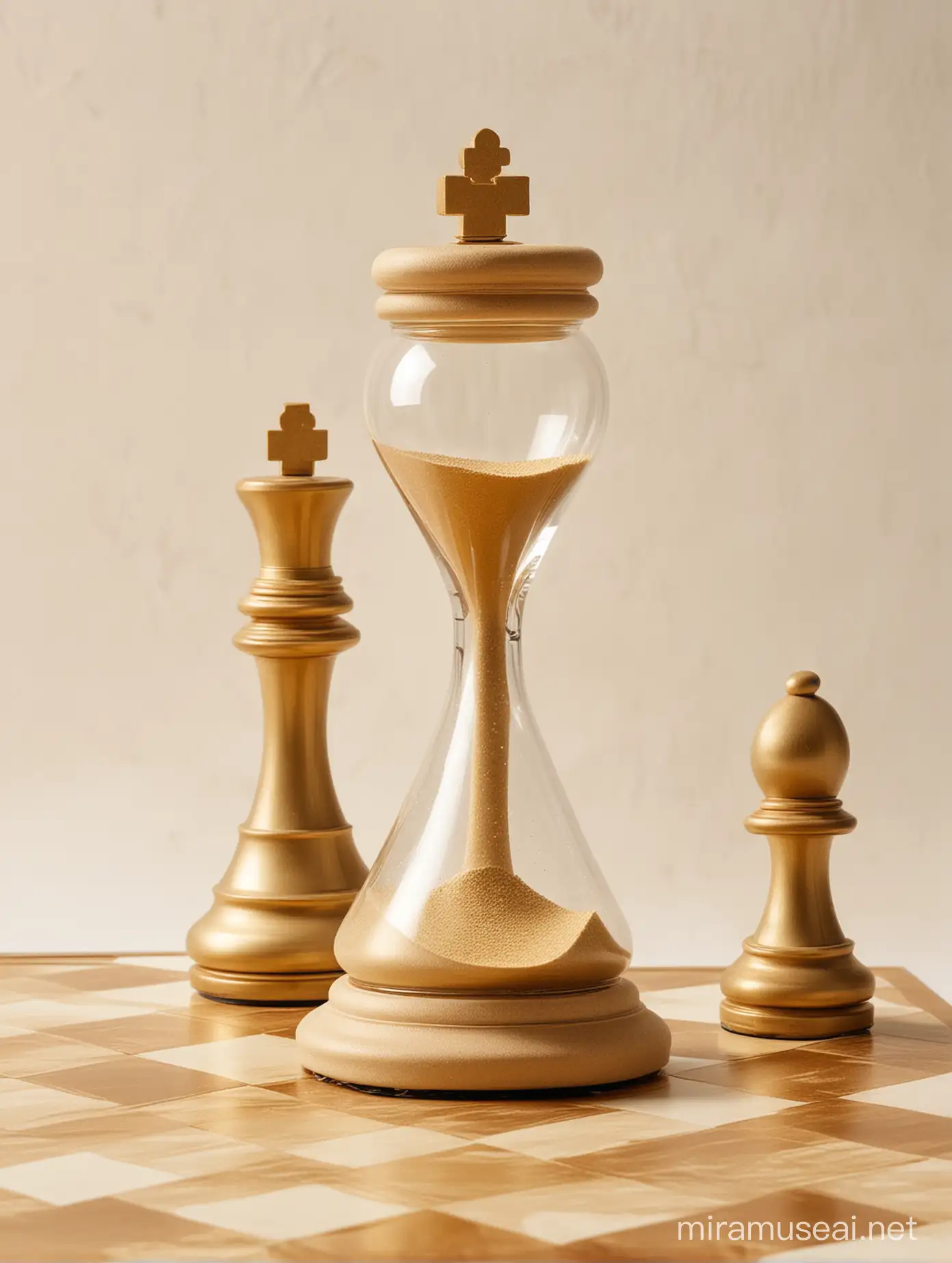 Glass Hourglass on Golden and White Chessboard with King Piece