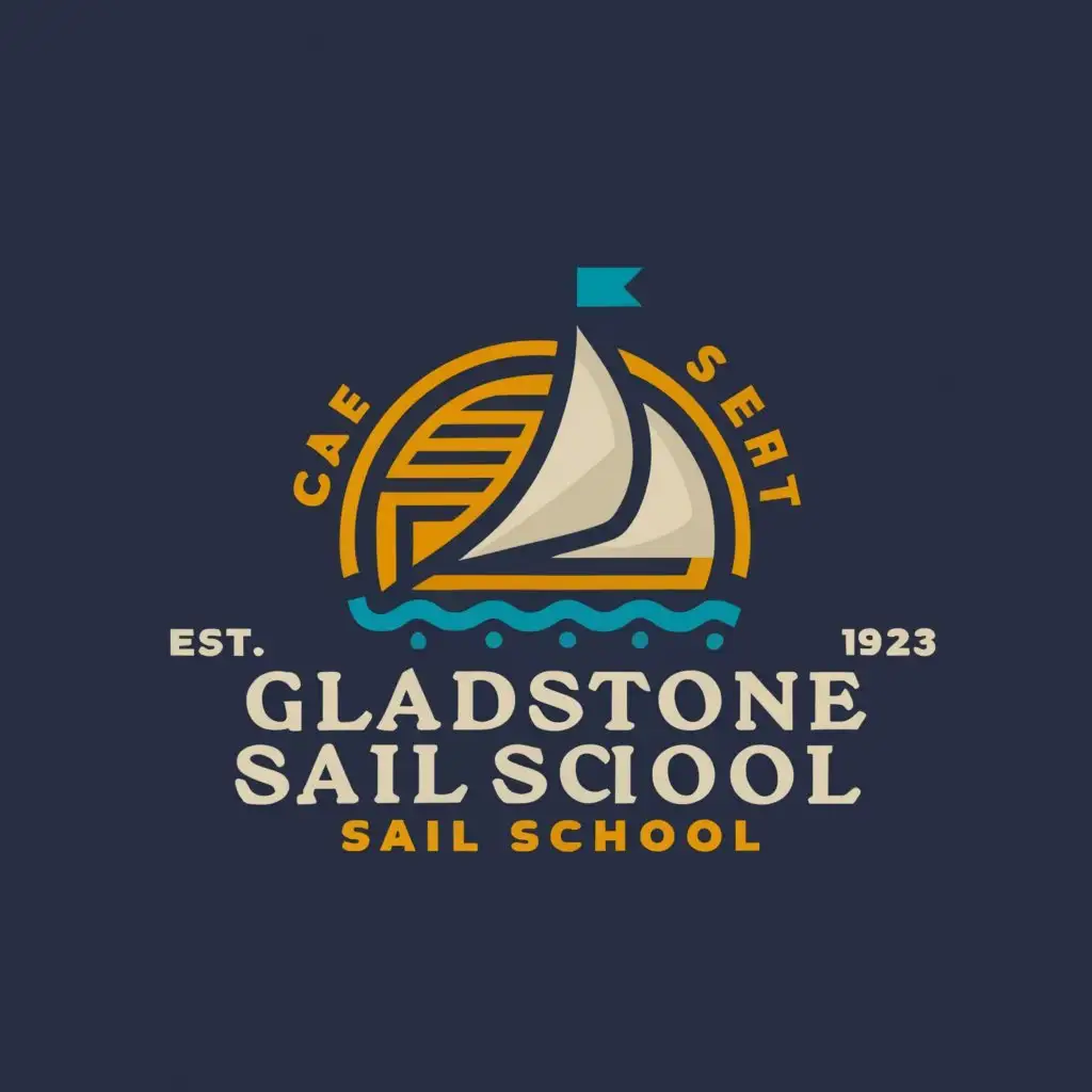 a logo design, with the text 'Gladstone Sail School', main symbol: Fast Sailboat, Moderate,clear background, remove birds and put "GLADSTONE" arched across the top, Sail School on bottom, EST. 2020
