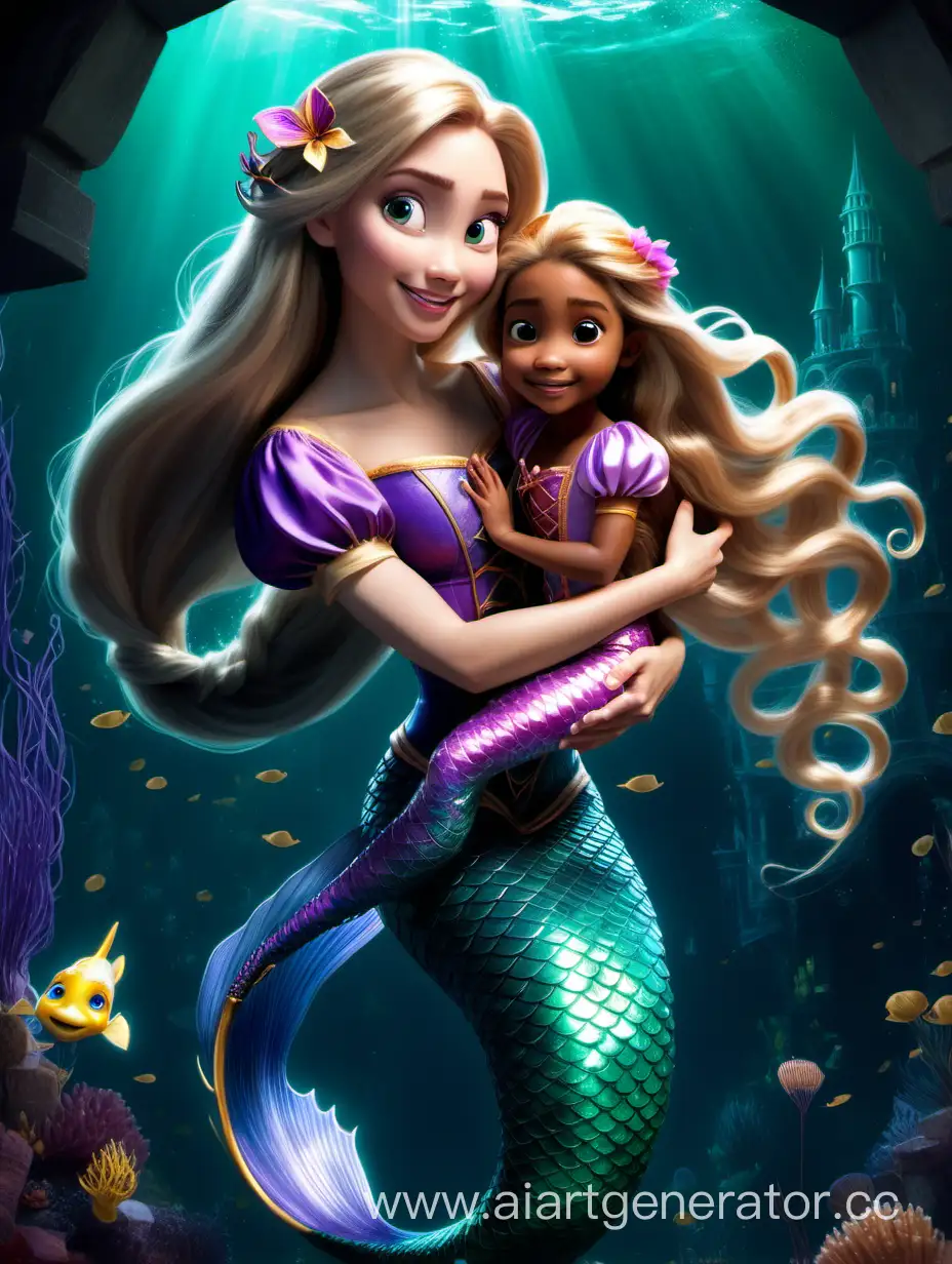 Рапунцель злая богиня русалка с магий воды и Мальленкая дочь 5 лет на плече Рапунцель с маленьким плавником 
