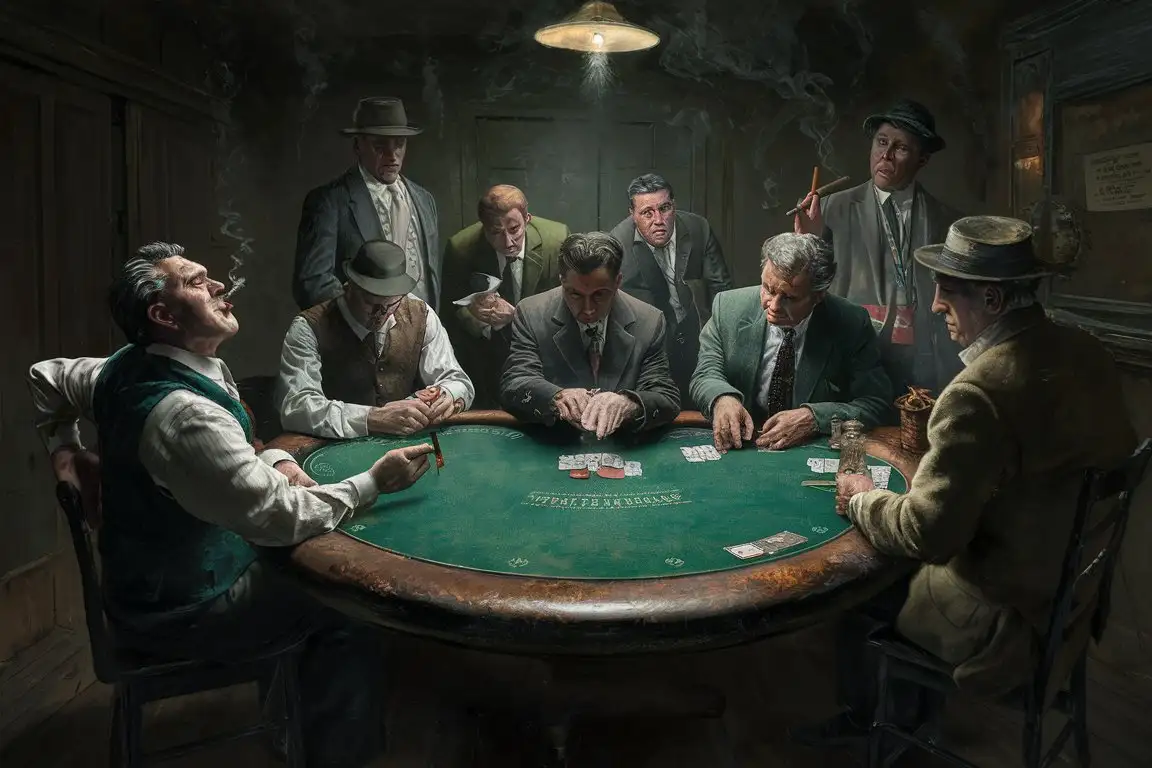 In a dimly lit, smoke-filled room, a group of men gathers around a worn-out, green felt poker table. The table is the focal point of the scene, its surface marked with years of wear and tear, and the cards dealt atop it hold secrets of fortunes won and lost.  The players, portrayed in a Reginald Marsh style, exhibit a diverse range of personalities and backgrounds. One man leans back in his chair, a cigar hanging from the corner of his mouth, exuding an air of confidence as he confidently flips his cards. Another player, nervously tapping his fingers on the table, betrays the anxiety lurking beneath his stoic expression.  The room itself is filled with the ambiance of secrecy and suspense. Shadows dance along the walls, casting an aura of mystery over the proceedings. Old-fashioned light fixtures hang from the ceiling, their warm glow illuminating the faces of the players, highlighting the intensity of the game.  In the background, a bartender wipes down the counter, observing the game with keen interest. A few empty glasses and bottles hint at the passage of time, as the night wears on and the stakes grow higher.  Outside the window, the city skyline looms in the distance, a reminder of the world beyond this clandestine gathering. But for now, all attention is focused on the poker table, where fortunes hang in the balance and every card dealt could change the course of the game.