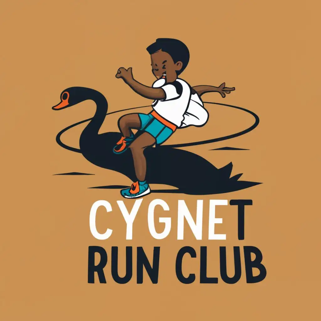 logo, child riding a black swan on a running track, with the text "Cygnet Primary School Run Club", typography, be used in Sports Fitness industry