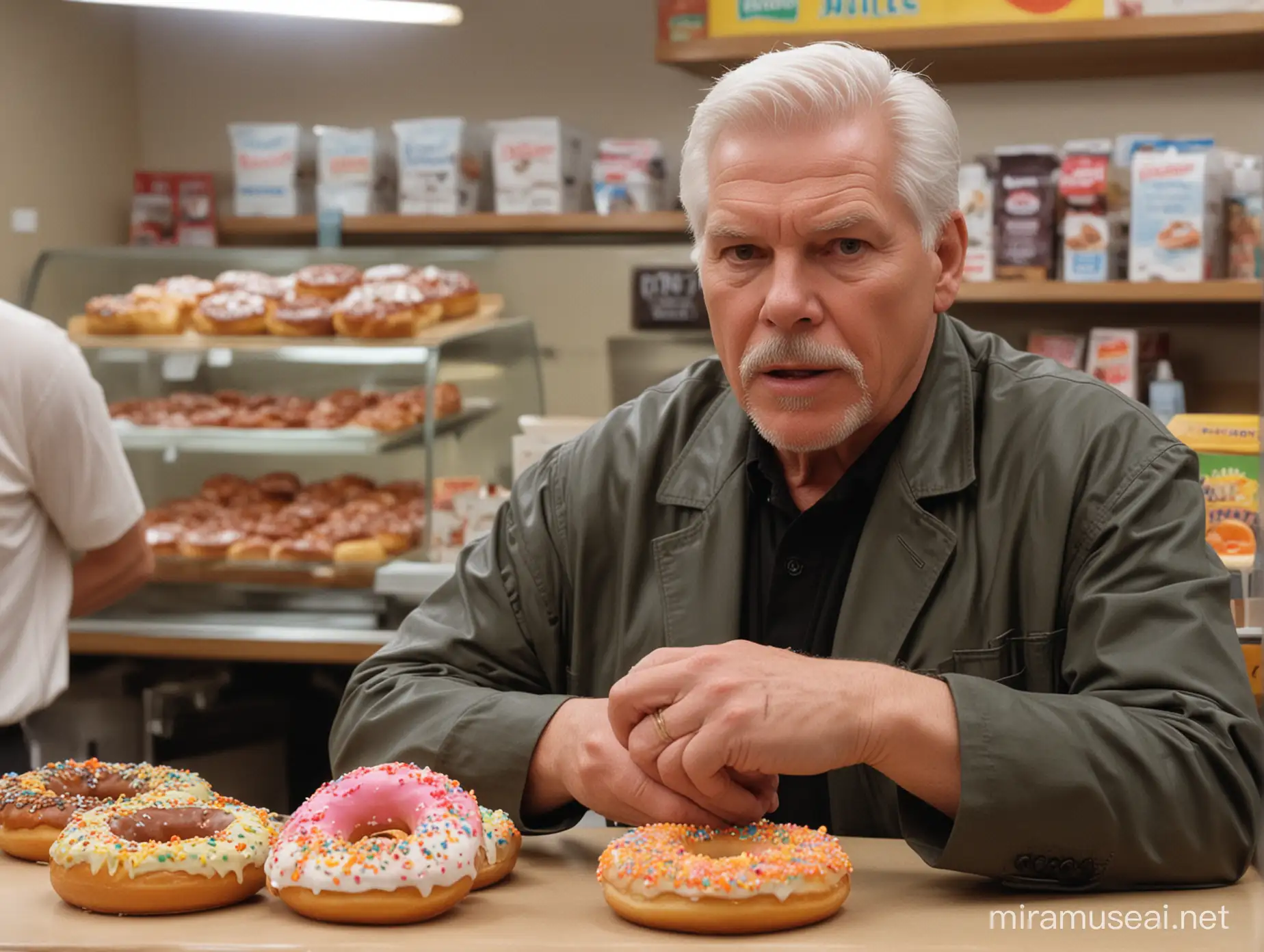 Actor Tom Atkins Lost and Confused in a Doughnut Shop
