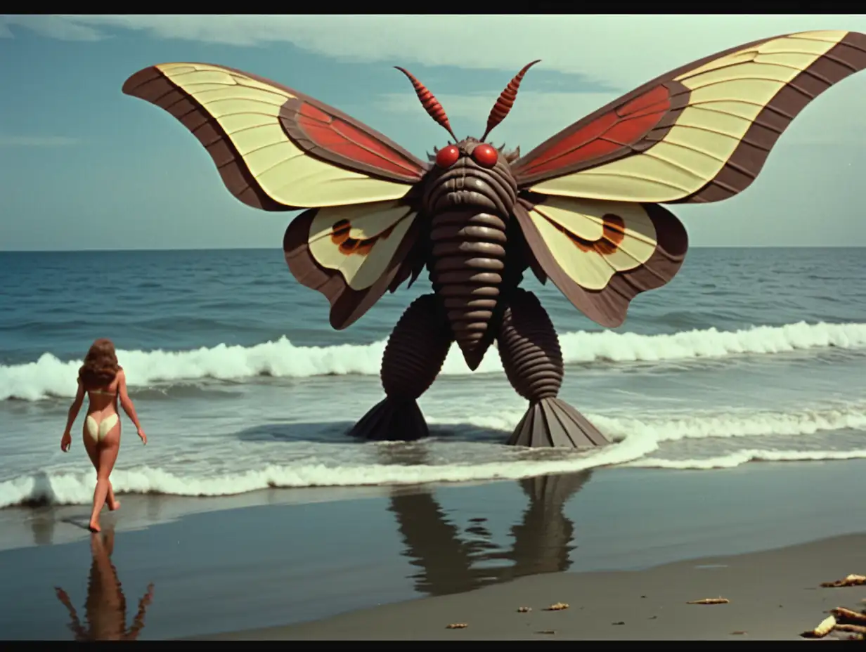 footage from a 1980 sci-fi movie, giant moth Kaiju walking out of the ocean, beach scene