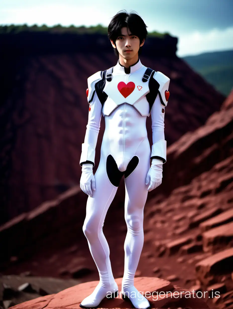 Photo of a Japanese male high school student is wearing a white Evangelion pilot suit. stand on the red rock hill. white tights. black hair. heart-shaped face, pink lips, smile, almond eyes.