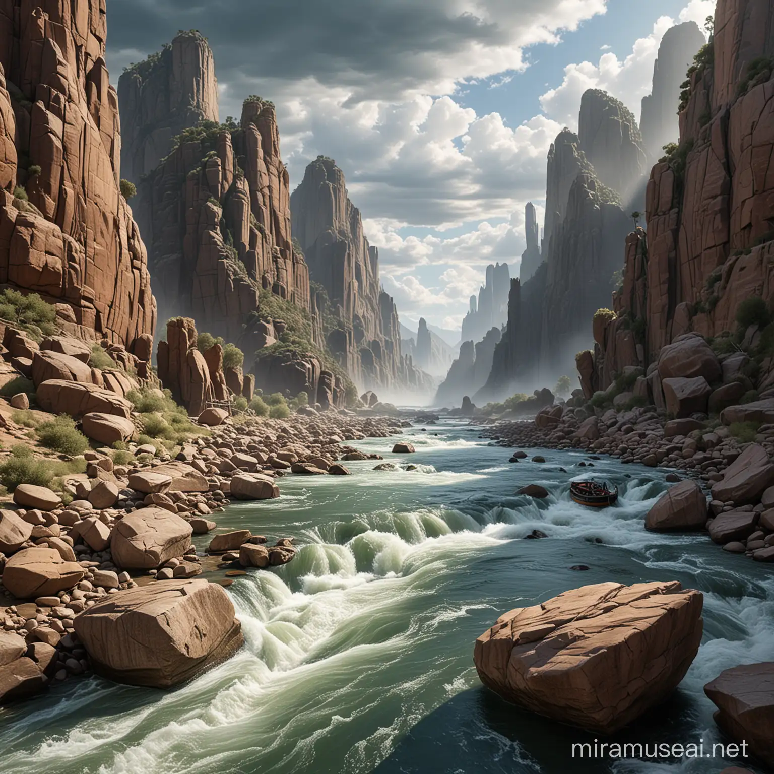 Shield-Captain,The image shows a river flowing between large rocks, with no specific details about any buildings, boats, or cityscape present. It captures a natural landscape with water and sky elements.