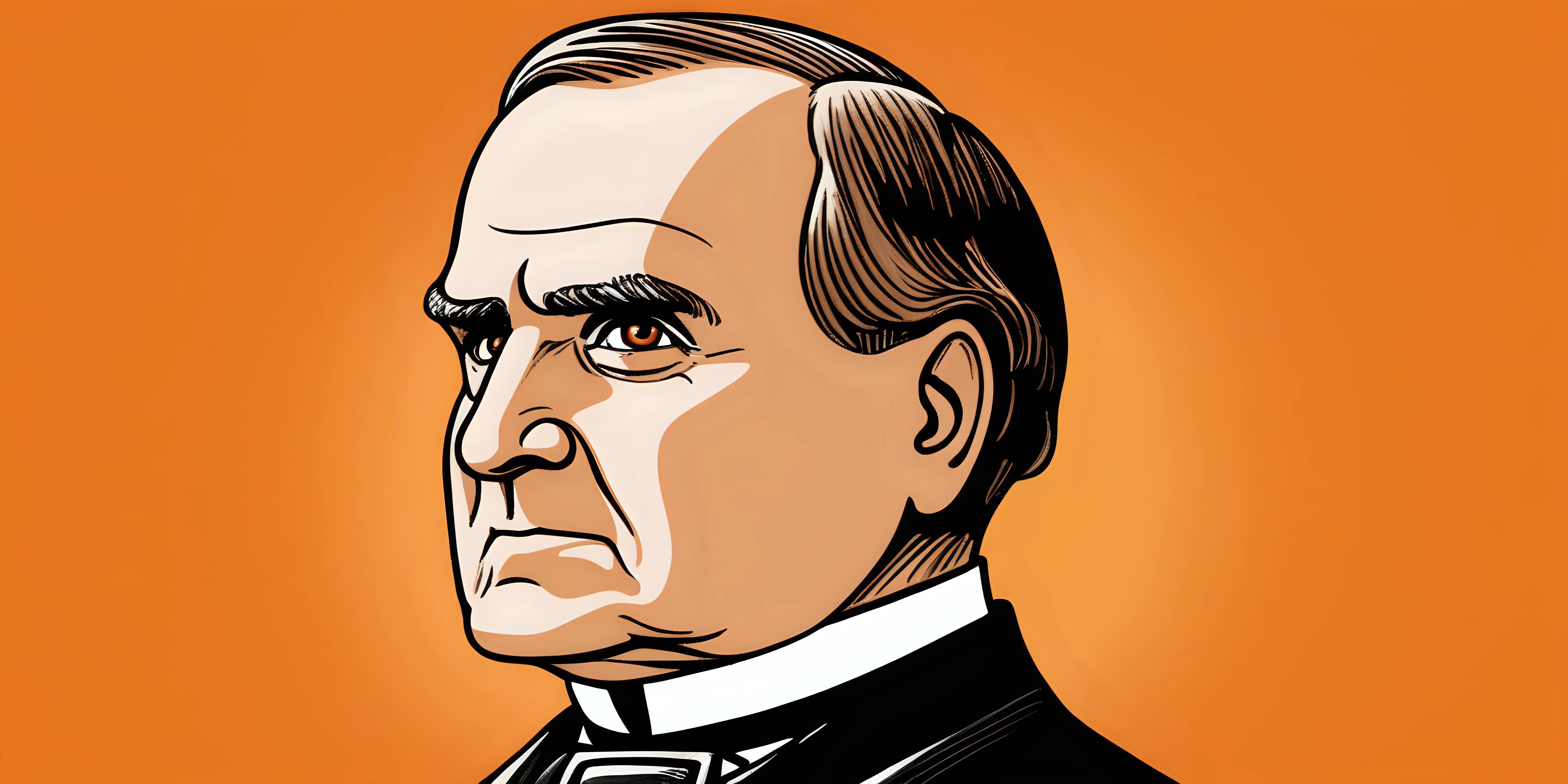 cartoon of William McKinley with a solid orange background