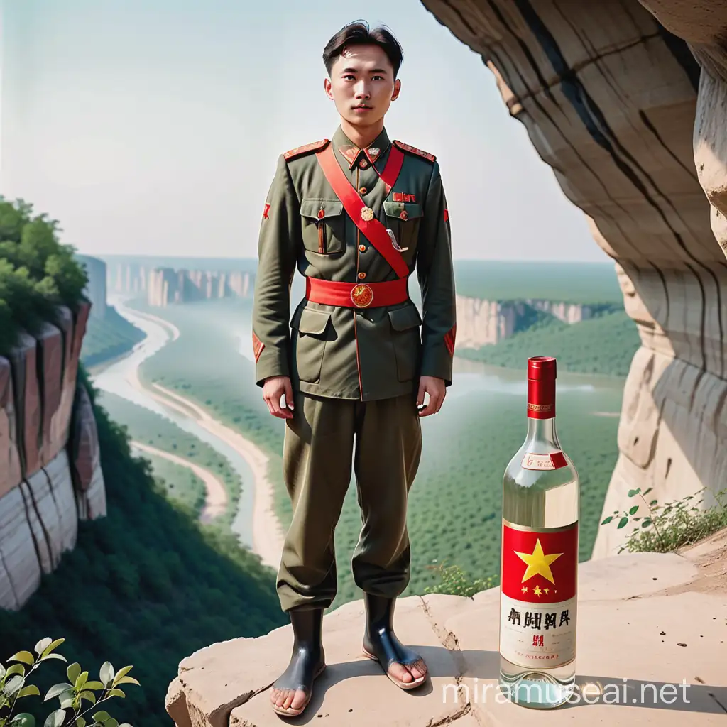 30 year old soviet solider  stands barefoot on the top of Cliff cave top, wearing deep real look the Great Cultural Revolution 65 style chinese libration army  military uniform  , receiving 2 cabinet  real size vodka label liquor packaging