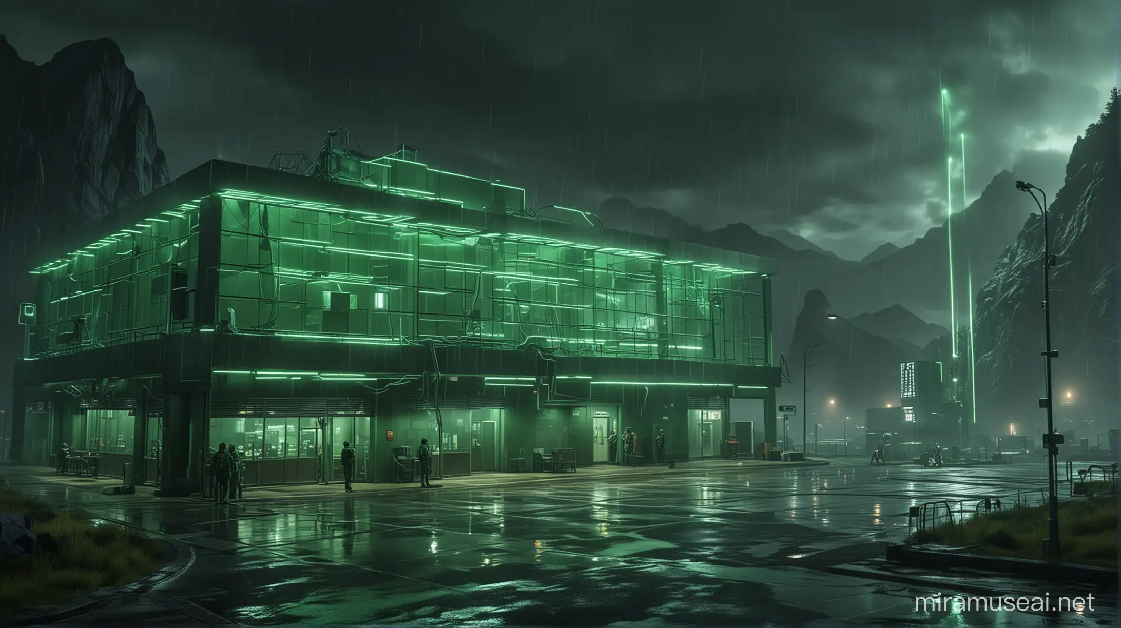 Realistic research centers with one worker around it, green neon and huge neon lights inside the part, its color shadow on the floor, Rainy weather, staff in dark green uniforms and helmets, Atmospheric and cinematic, The huge structures, A dark green smoke rose from the research centers environment and spread in the air, The image space is outside the realistic research center.
with huge satellite antennas,
A huge cubic green neon object,
in the Realistic mountains.
atmospheric and cinematic.
All overall dark green image theme.
Very big lights and lots of green neon lights.
The neon lights in the image should be very bright throughout the image.
The neon lights in the picture should be very bright in the dark
The neon lights in the picture should be very bright.
Very large and bright neon lamps in the structure.
Shades of green throughout the image.
3D.
Several large buildings nearby.