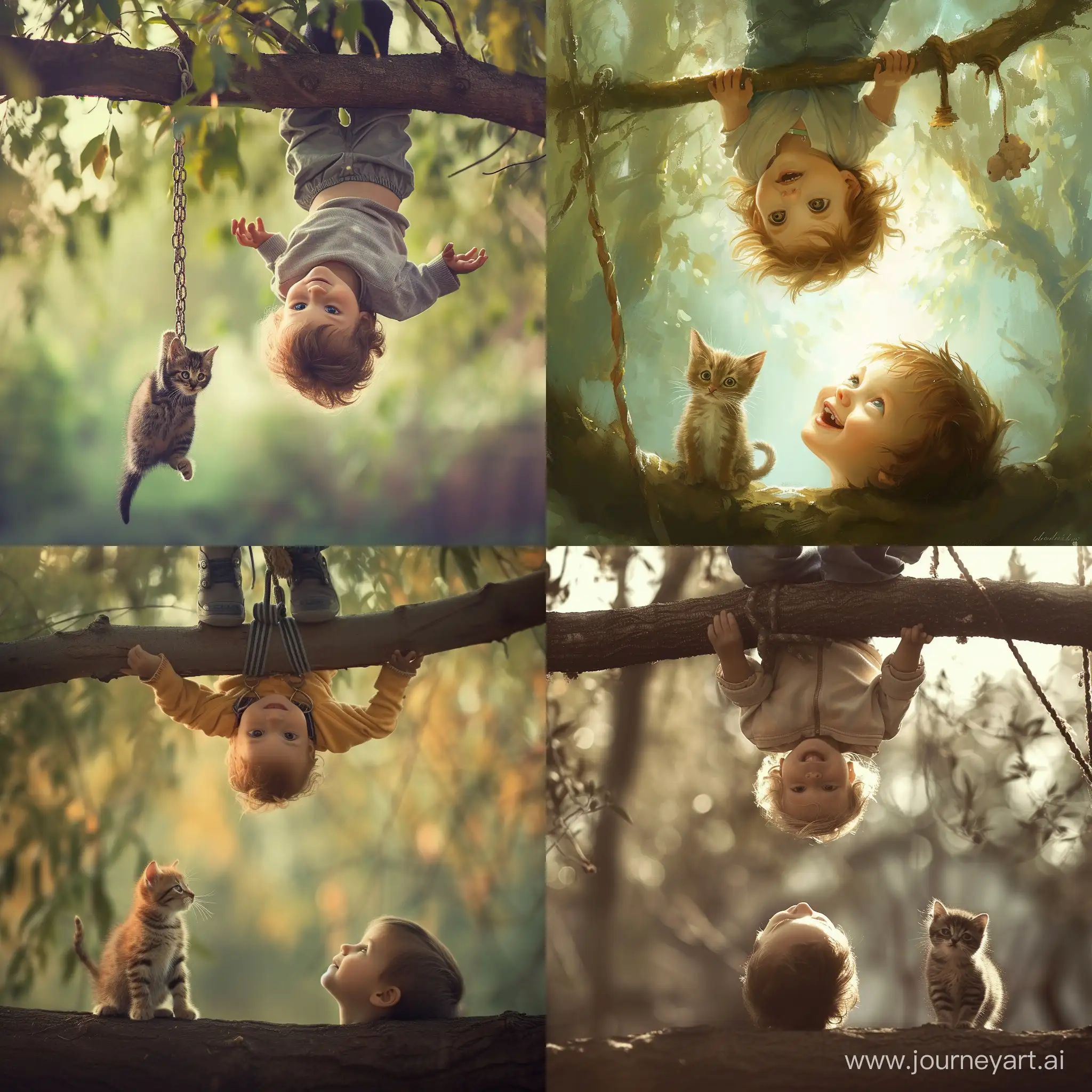 Счастье,,,  ребенок висит вниз головой на ветви дерева...  Рядом маленький котенок на него смотрит... Игривое, счастливое детство... 