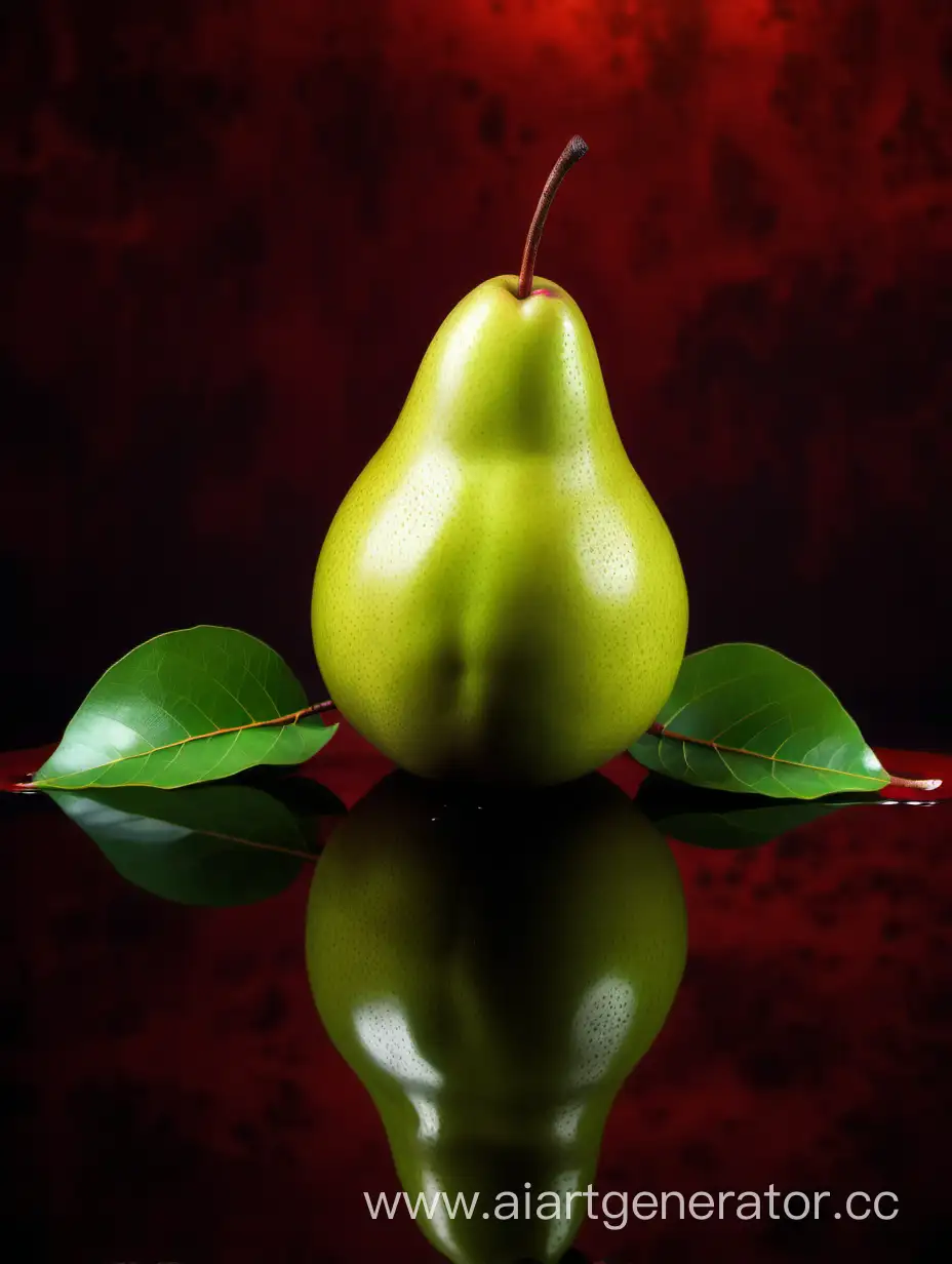 Asian fresh green Pear with leaves on dark red rust background reflection in water