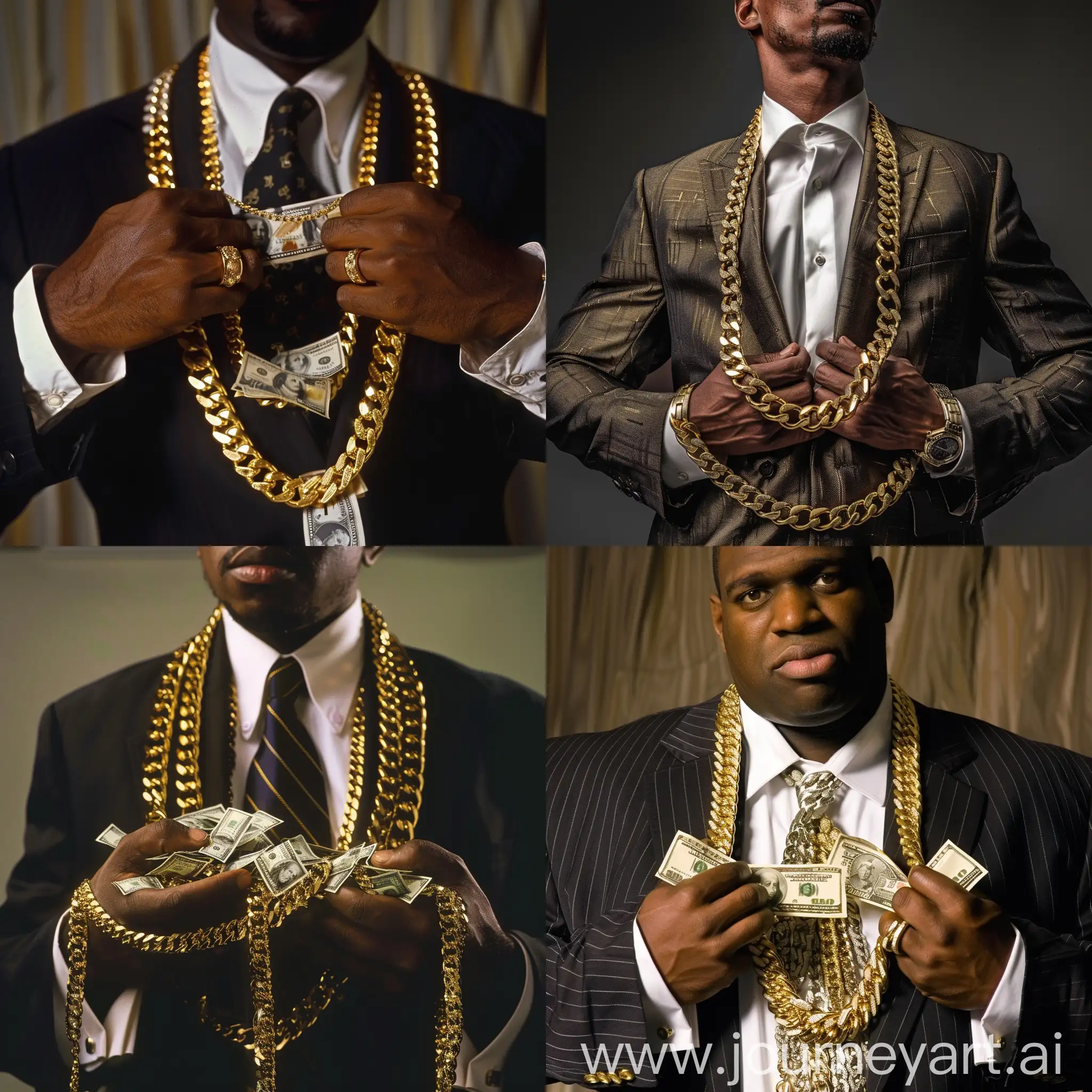 very rich man with lots of money, gold chains, rich, suit, gold