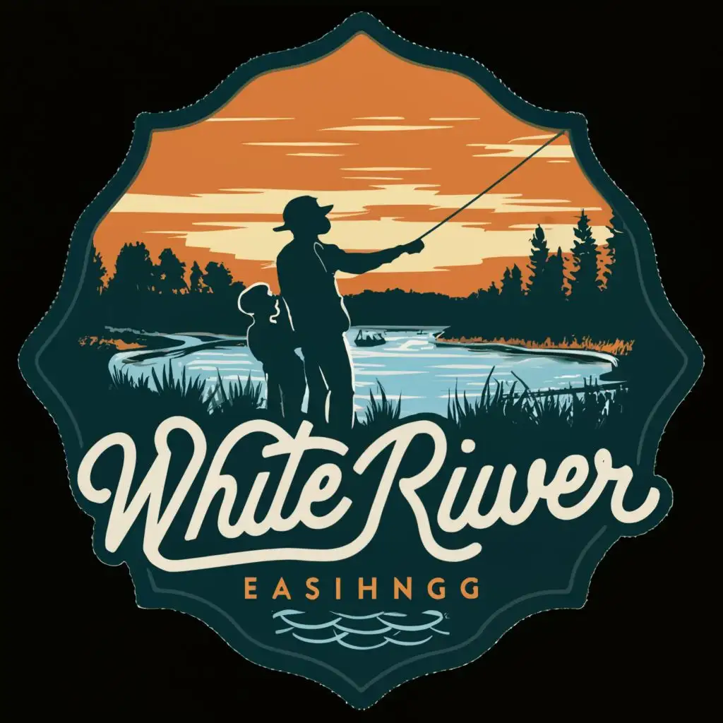 logo, A family of three with buckets and fishing rods logo, with the text "White river", typography