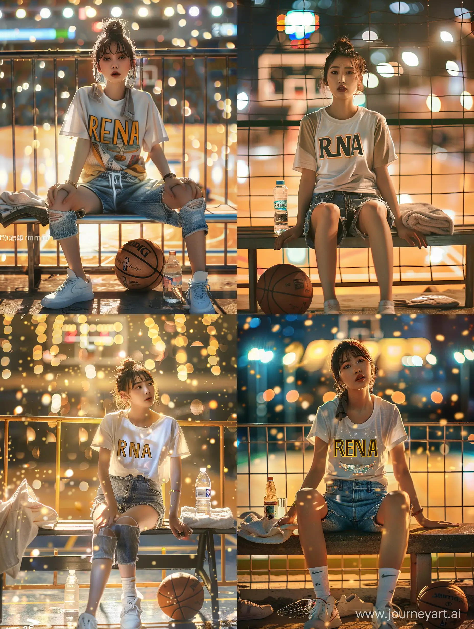 Stylish-Asian-Woman-Relaxing-at-Basketball-Court-with-Cinematic-Ambiance