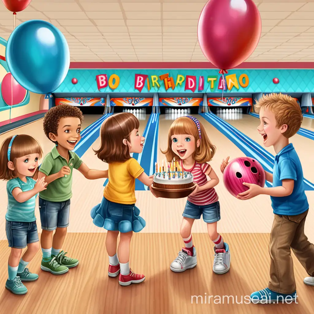 Kids Celebrating Birthday Party Outside Bowling Alley