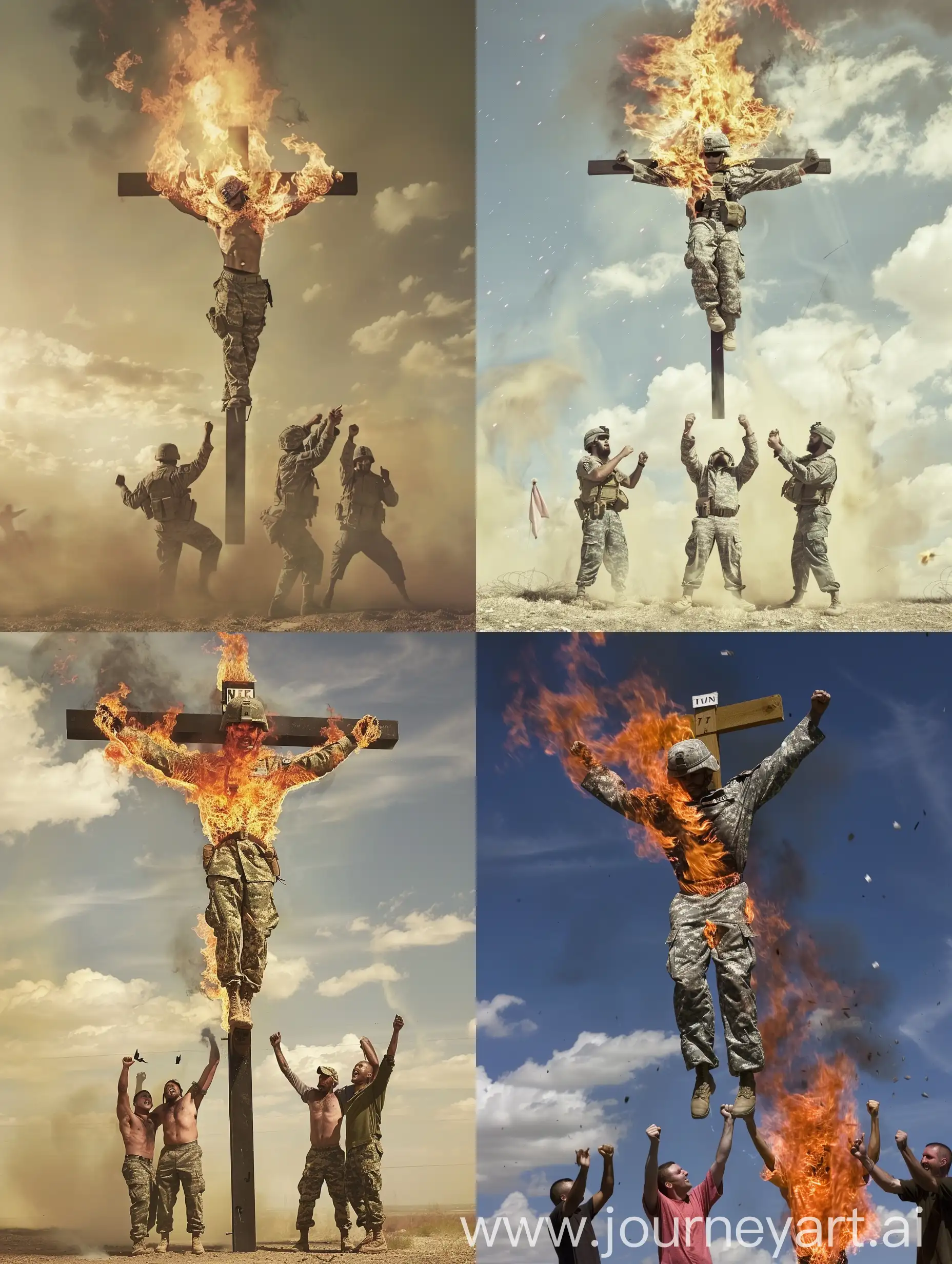 A burning soldier in american uniform engulfed in fire hanging on a cross like Jesus and  three man celebrating under the cross